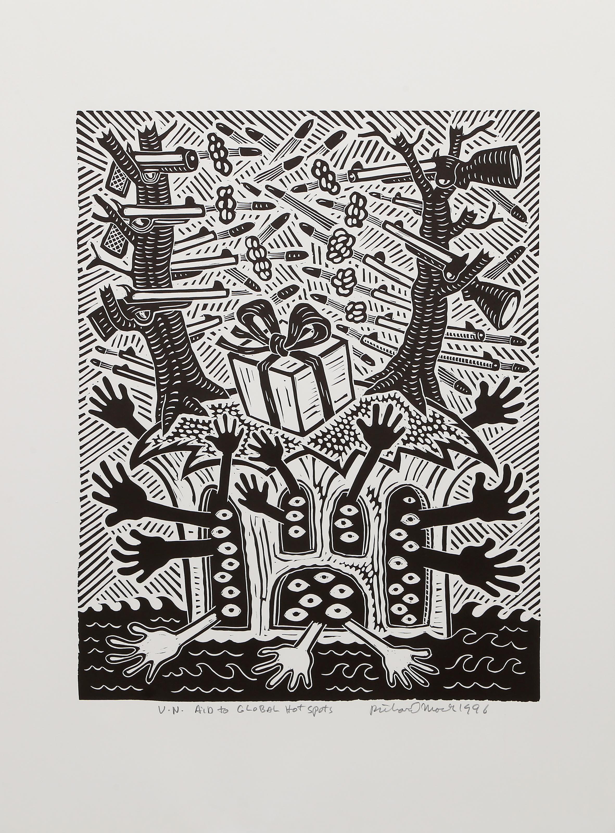 UN Aid to Global Hot Spots, Pop Art Linocut by Richard Mock For Sale 1