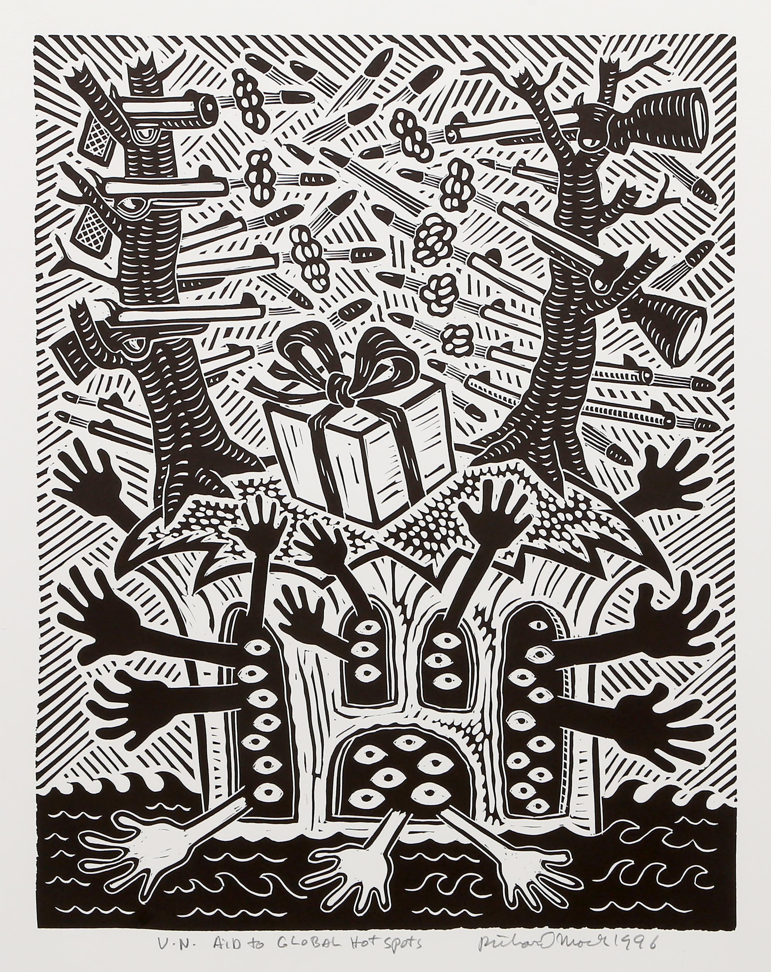 UN Aid to Global Hot Spots, Pop Art Linocut by Richard Mock