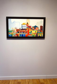Richard Morhous, Patchwork Fog, 2018, acrylic on board, 18"x36", framed 22"x40"