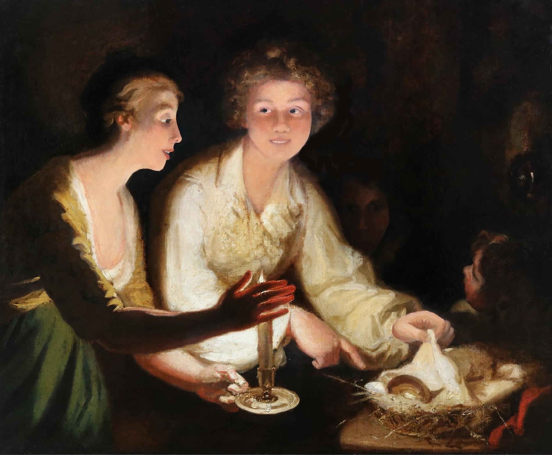 L'uovo d'oro - Pittura a olio dei primi del XIX secolo che raffigura gli innamorati di Mother Goose - Painting Scuola inglese di Richard Morton Paye (1750 - 1821)