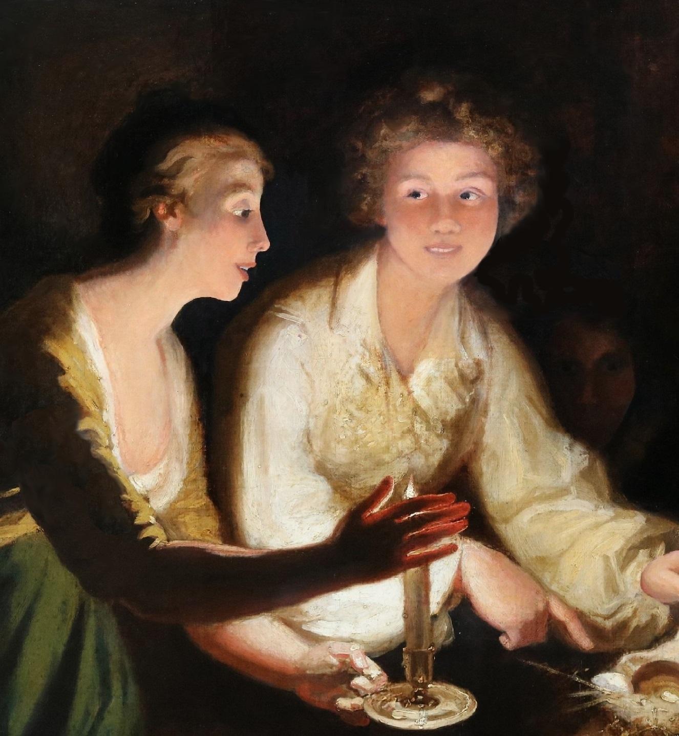 L'uovo d'oro - Pittura a olio dei primi del XIX secolo che raffigura gli innamorati di Mother Goose - Interior Painting Nero di Richard Morton Paye (1750 - 1821)