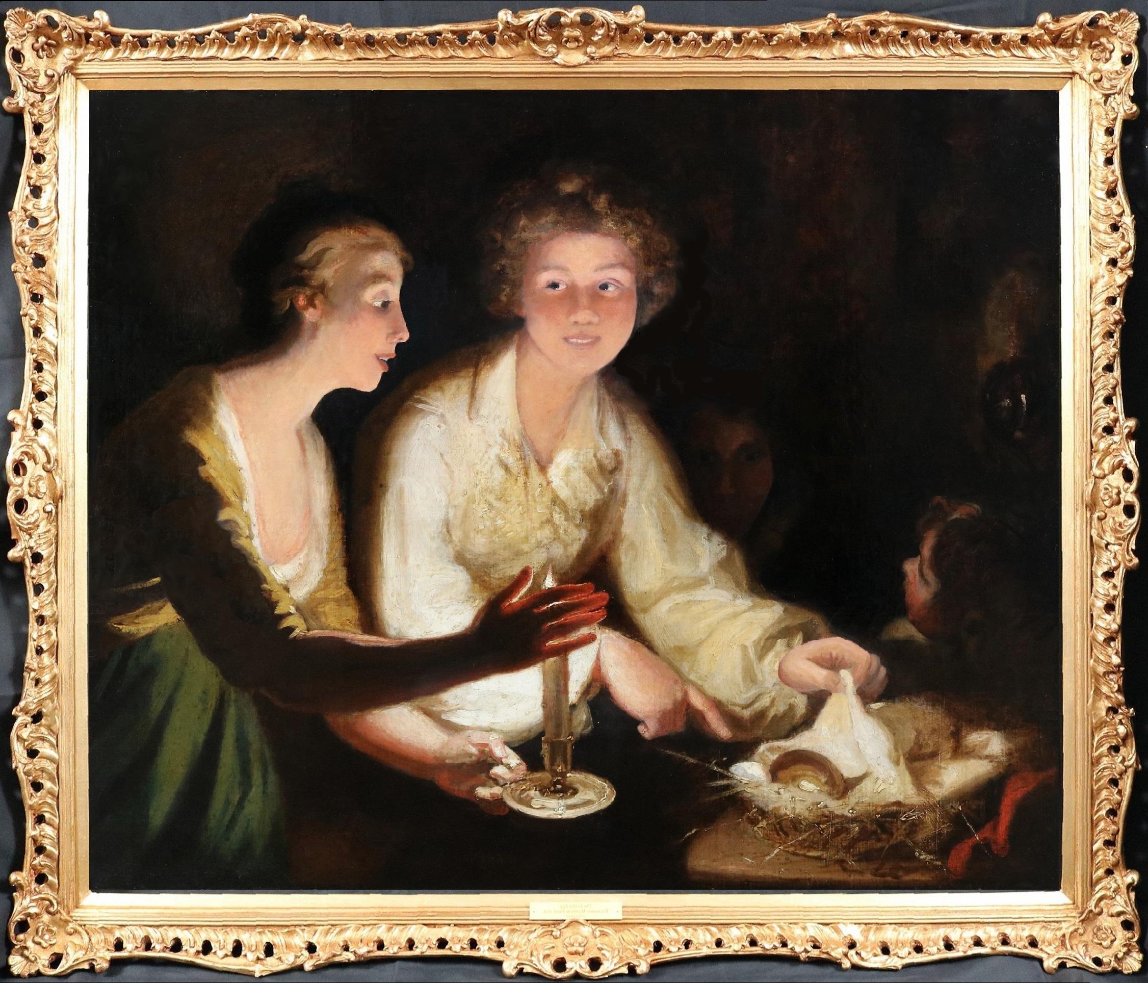 Interior Painting di Richard Morton Paye (1750 - 1821) - L'uovo d'oro - Pittura a olio dei primi del XIX secolo che raffigura gli innamorati di Mother Goose