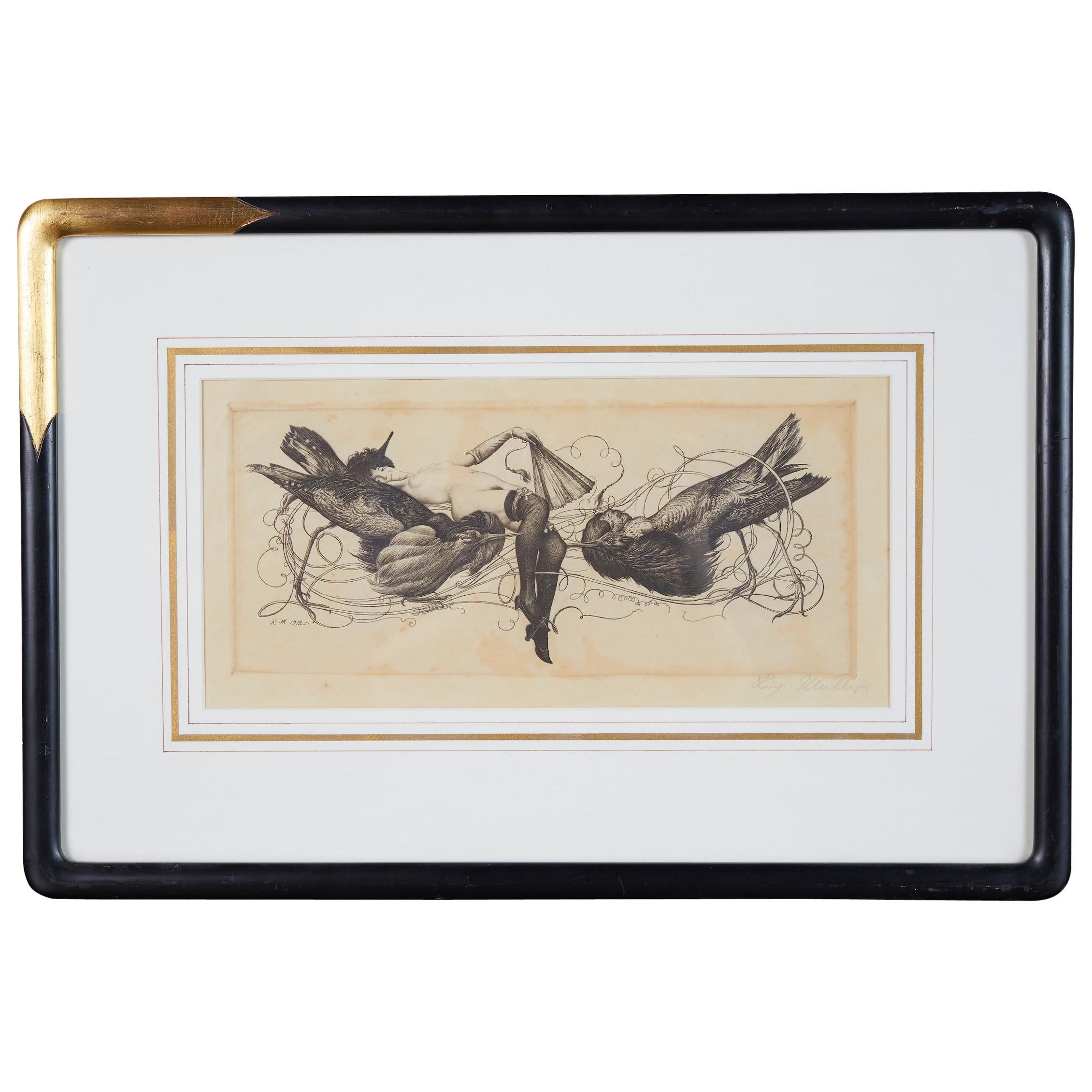 Richard Müller Etching 'Rivals' in the Style of F�élicien Rops