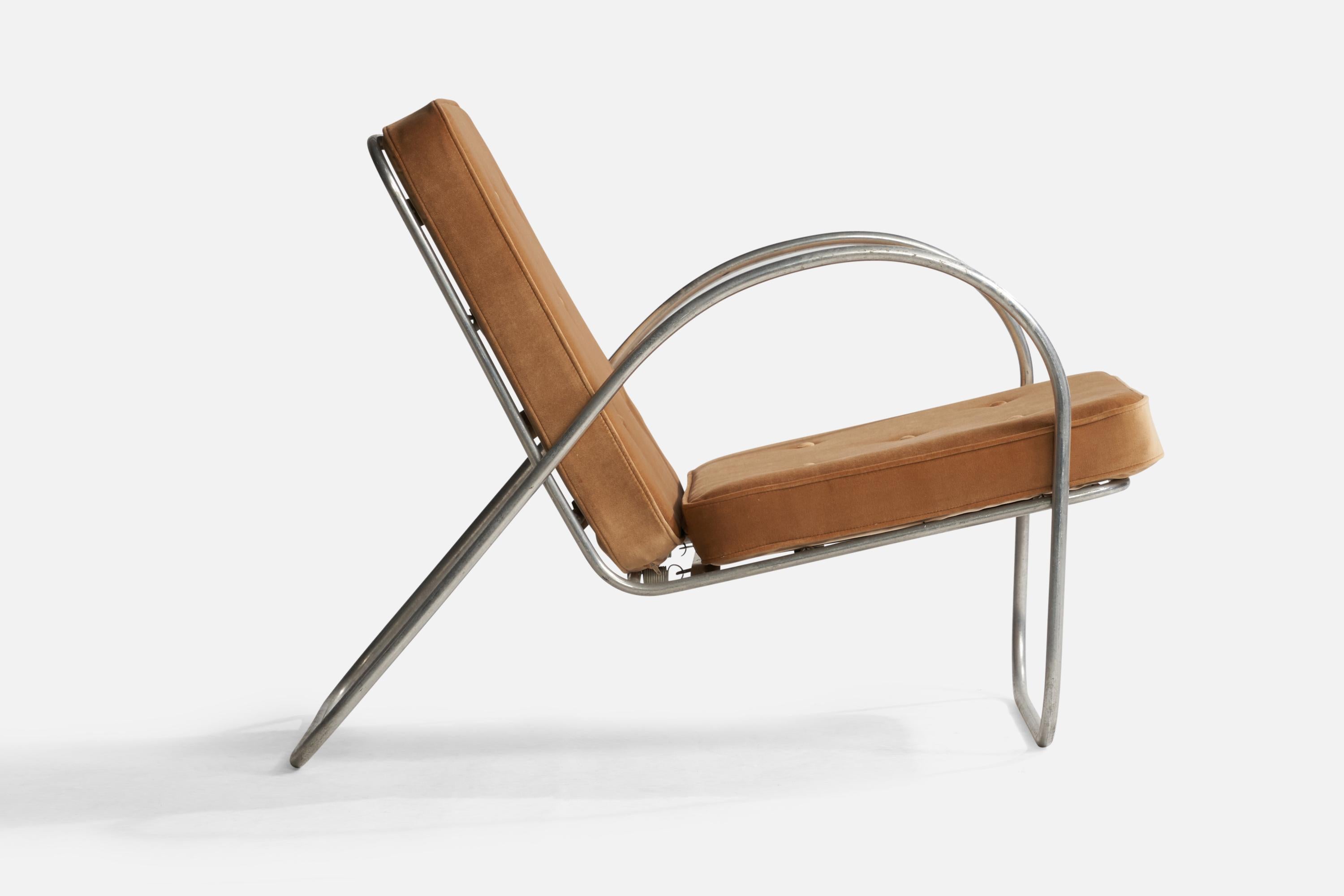 American Richard Neutra Attribution, Lounge Chairs, Tubular Steel, Velvet, USA, 1940s For Sale