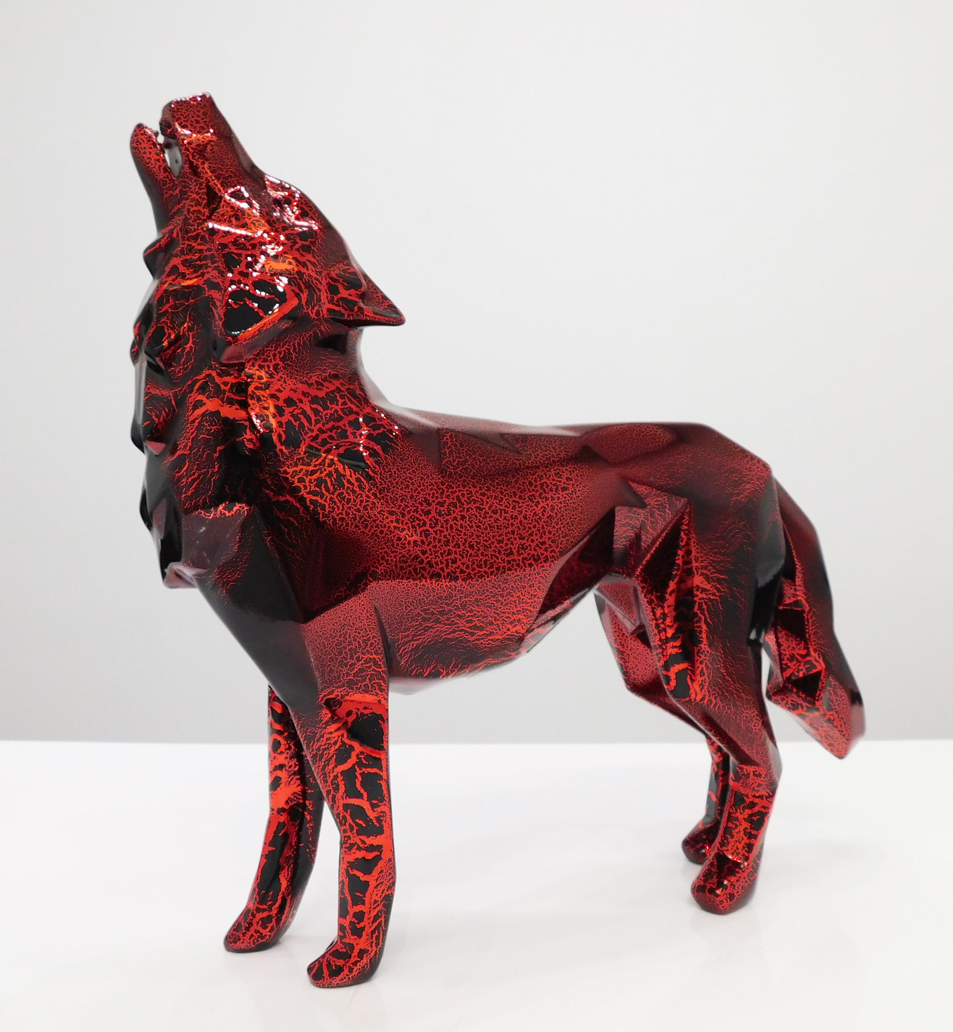 Richard Orlinski Figurative Sculpture - Howling Wolf Chrome Crackled Red