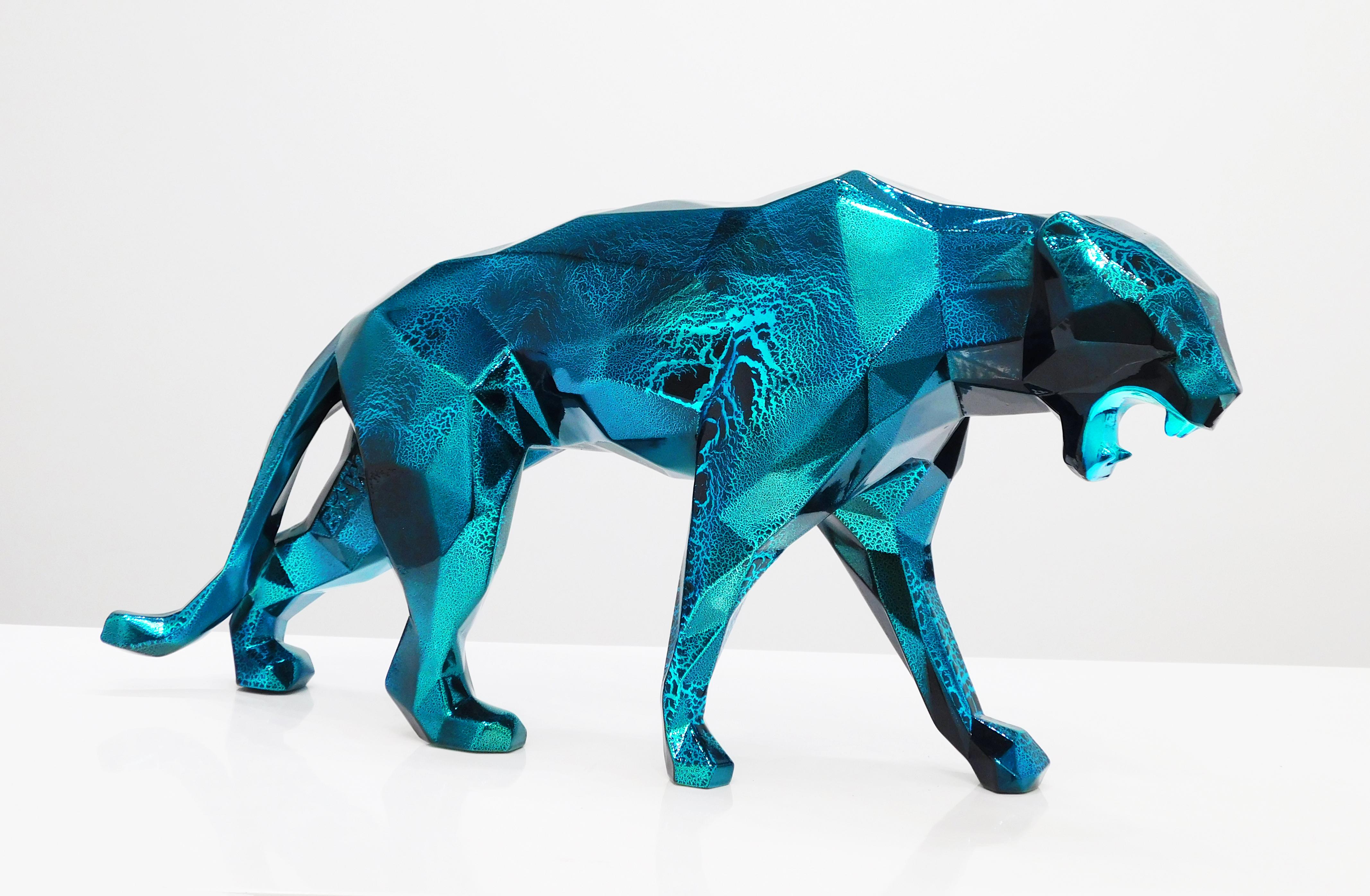 Figurative Sculpture Richard Orlinski - Turquoise craquelée Panthère chromée