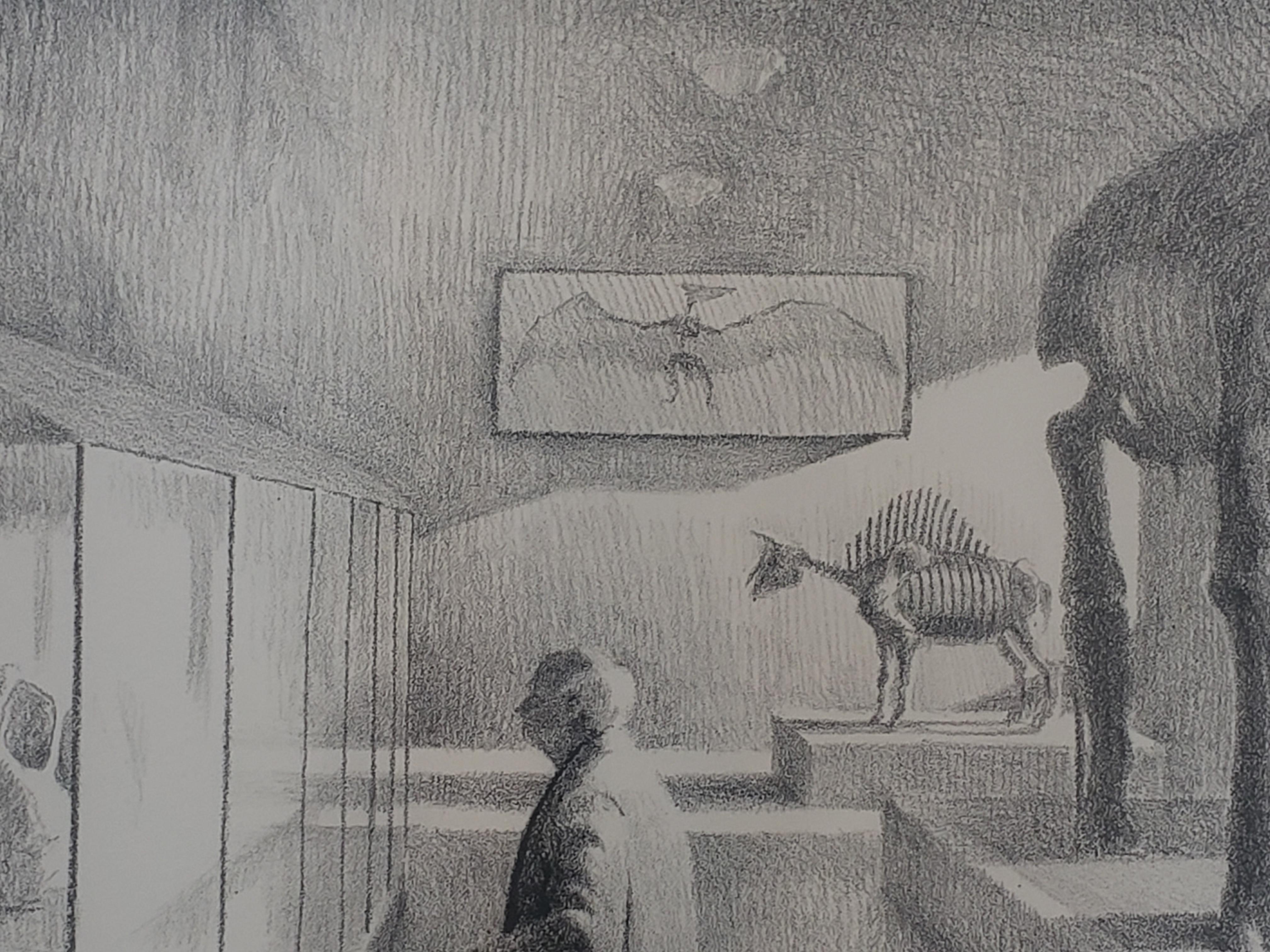 This intriguing print is of a scene in a museum. The approach of this work references pointilism. The gentle lighting is leaking from the windows and shining through the intricate forms of ancient animals. This piece is sold framed and is 53 in an