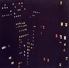 "New Amsterdam Three", nocturnal urban landscape aquatint print, blue black.