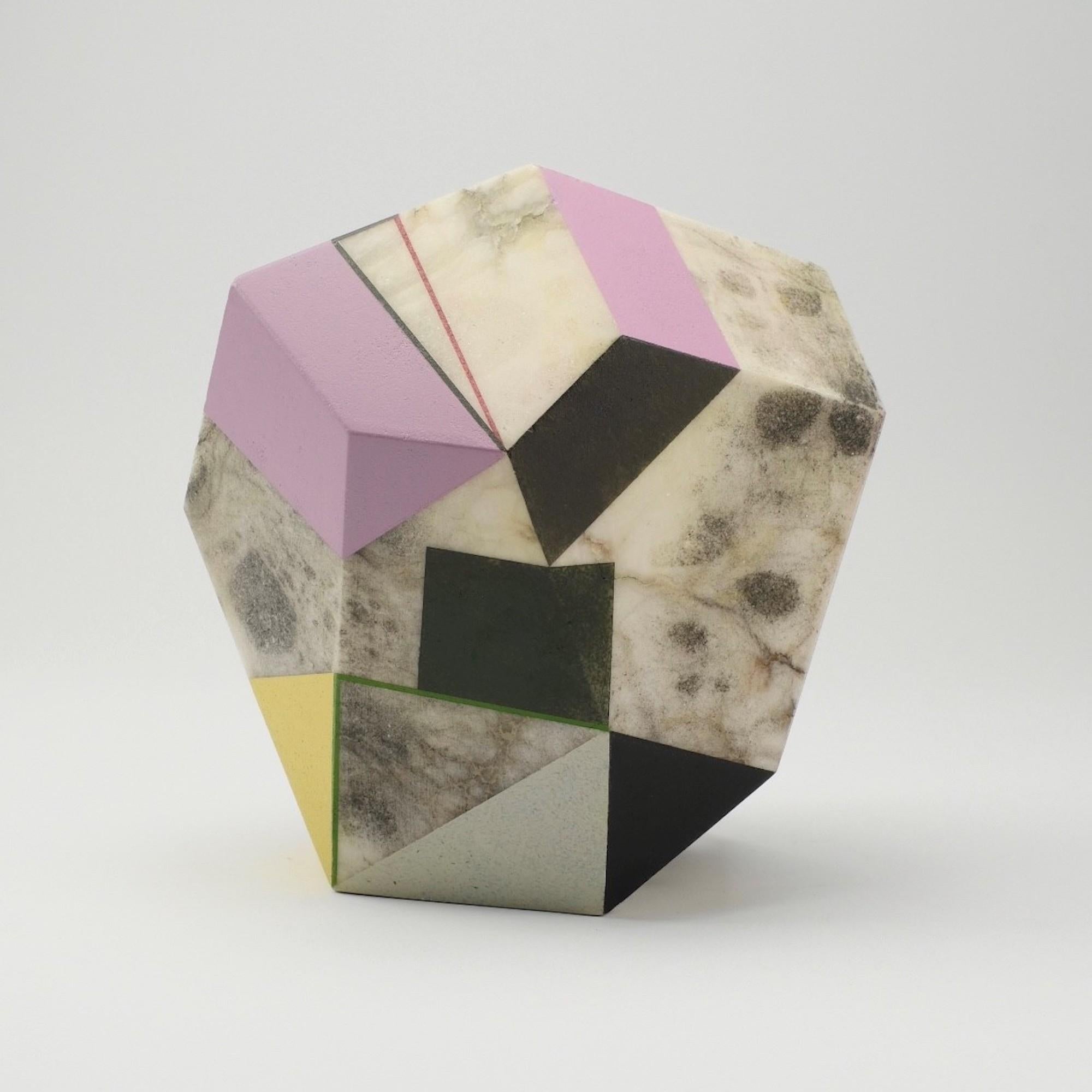 October Moon is a unique ink, paint and wax on Alabaster sculpture by contemporary artist Richard Perry, dimensions are 21.5 × 21.5 × 19 cm (8.5 × 8.5 × 7.5 in). 
The sculpture is signed and comes with a certificate of authenticity.

The playful