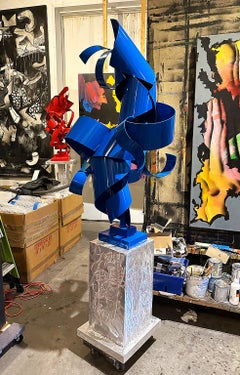 Sculpture abstraite en métal aluminium bleu à grande échelle
