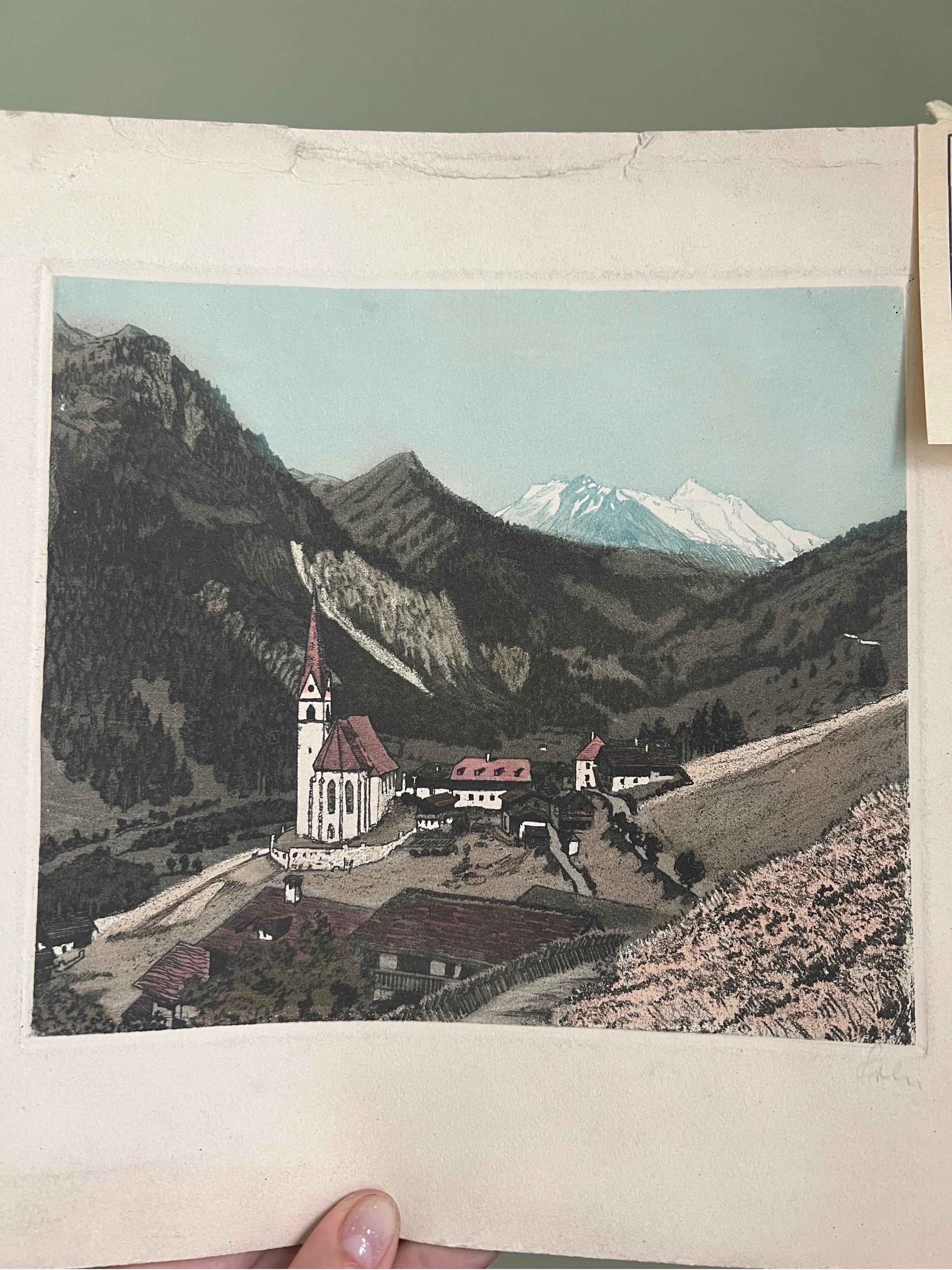 Etched Richard Pokorny Heiligenblut Austria Colored Etching Signed For Sale