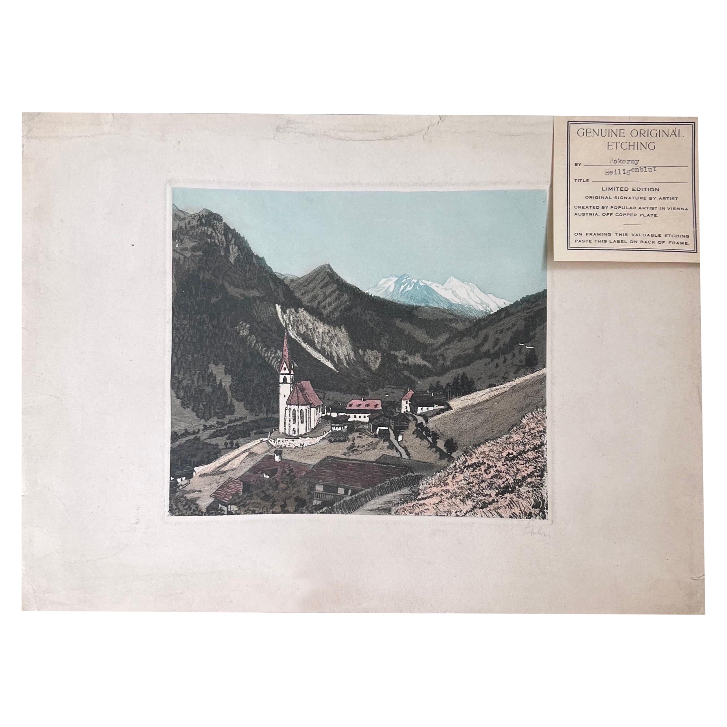 Richard Pokorny Heiligenblut Austria Colored Etching Signed For Sale