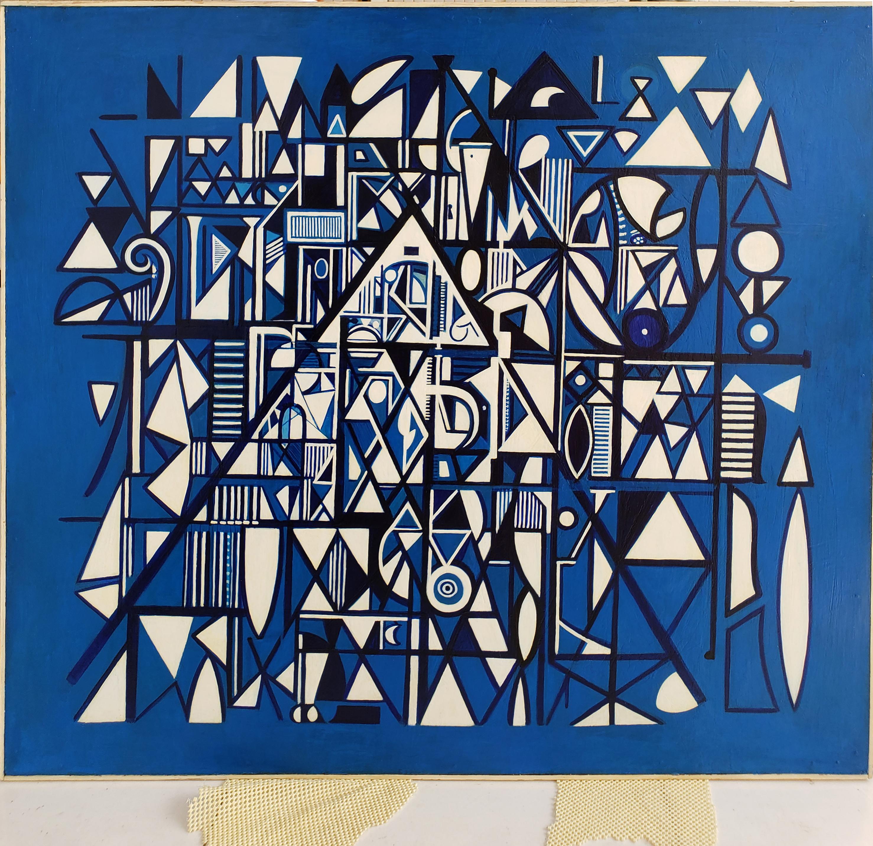 Acryl auf Masonit.  Dies ist ein zentrales Werk in tiefem und strahlendem Kobaltblau aus dem Jahr 1950.  Es zeigt kalligraphische und hieroglyphische Strukturen auf einem Raster und einer pyramidenförmigen Basis durch das  Abstrakter Expressionist