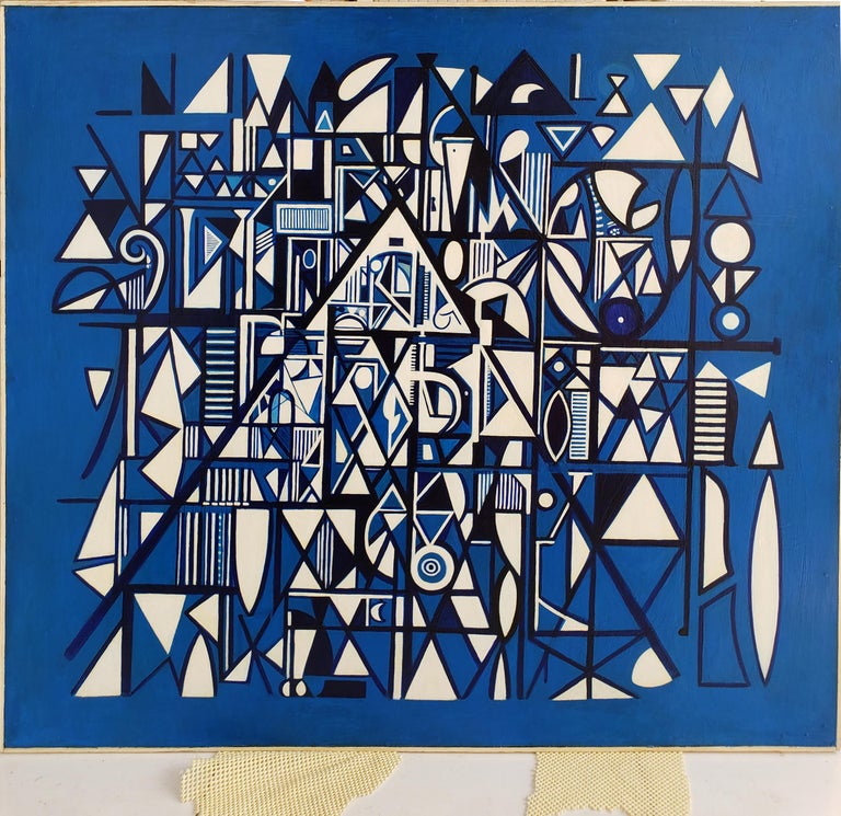 Acrylic on masonite.  This is a pivotal work in deep and radiant cobalt blue from 1950.  It dipicts calligraphic and hieroglyph structures over a grid and pyramidal base by the  first generation abstract expressionist. 
  
Provenance:  Skinner: