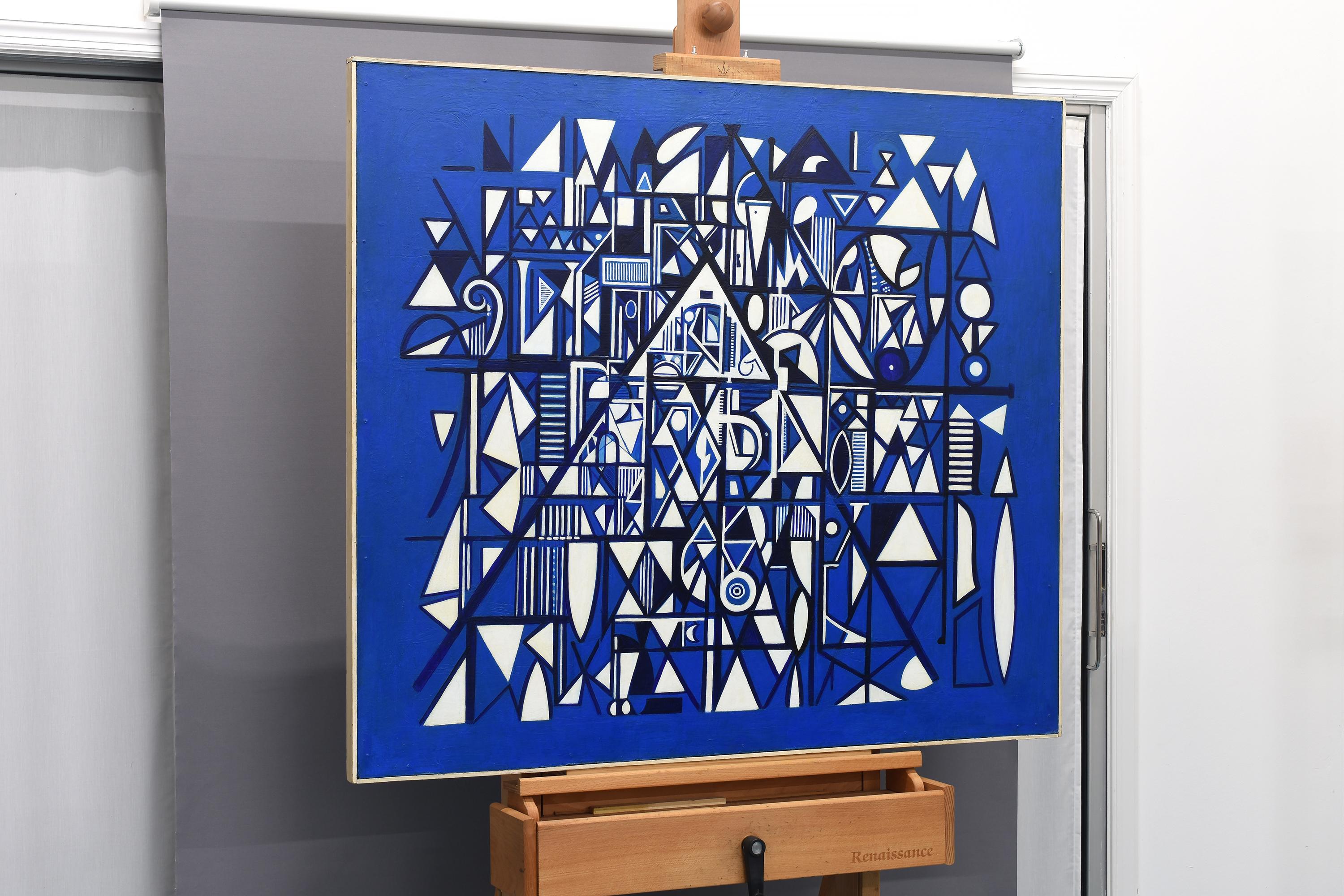 Acrylic on masonite.  This is a pivotal work in deep and radiant cobalt blue from 1950.  It dipicts calligraphic and hieroglyph structures over a grid and pyramidal base by the  first generation abstract expressionist. 
  
Provenance:  Skinner: