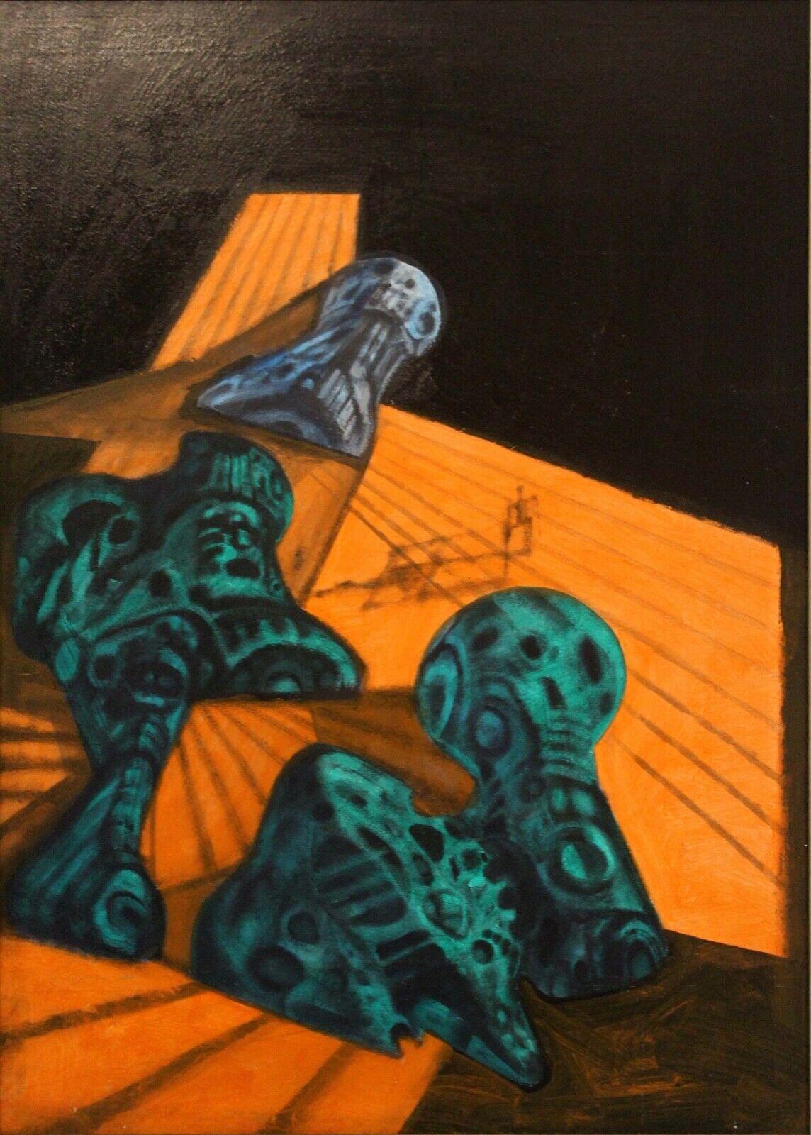 Le Shoppe Too in Michigan is offering a dynamic illustrated oil painting on panel titled Science Fiction Landscape by Richard Powers. The bright teal and orange otherworldly surreal figures contrast against the stark black background. This painting