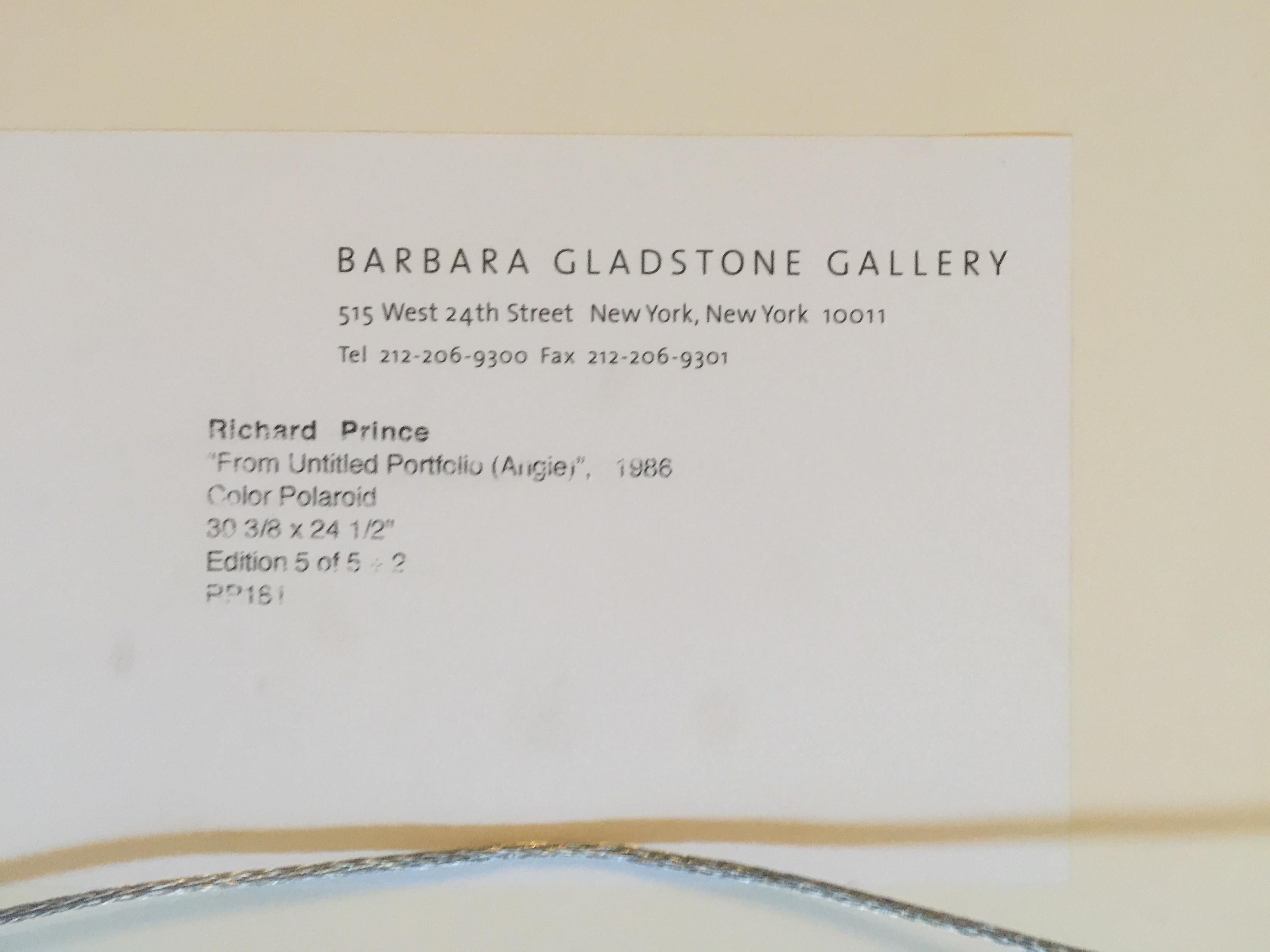 Richard Prince
Angie Dickenson (Angie from Untitled Portfolio) from the estate of Vera G. List, 1986
Large Color Polaroid (w/Barbara Gladstone & Sotheby's Gallery Labels)
Signed and numbered 5/5 on front. 
Bears Barbara Gladstone Gallery label