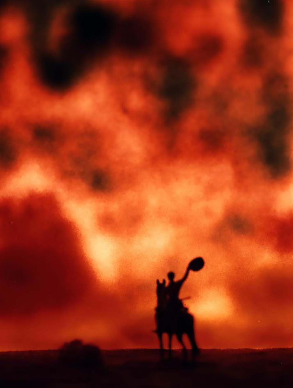 Vintage darkroom Cowboy photograph In the style of Richard Prince circa late 1980s:

A superbly rendered vintage darkroom photograph, surrealistically exploring the mythology of the American cowboy set amidst blazing skies. Rendered much in the