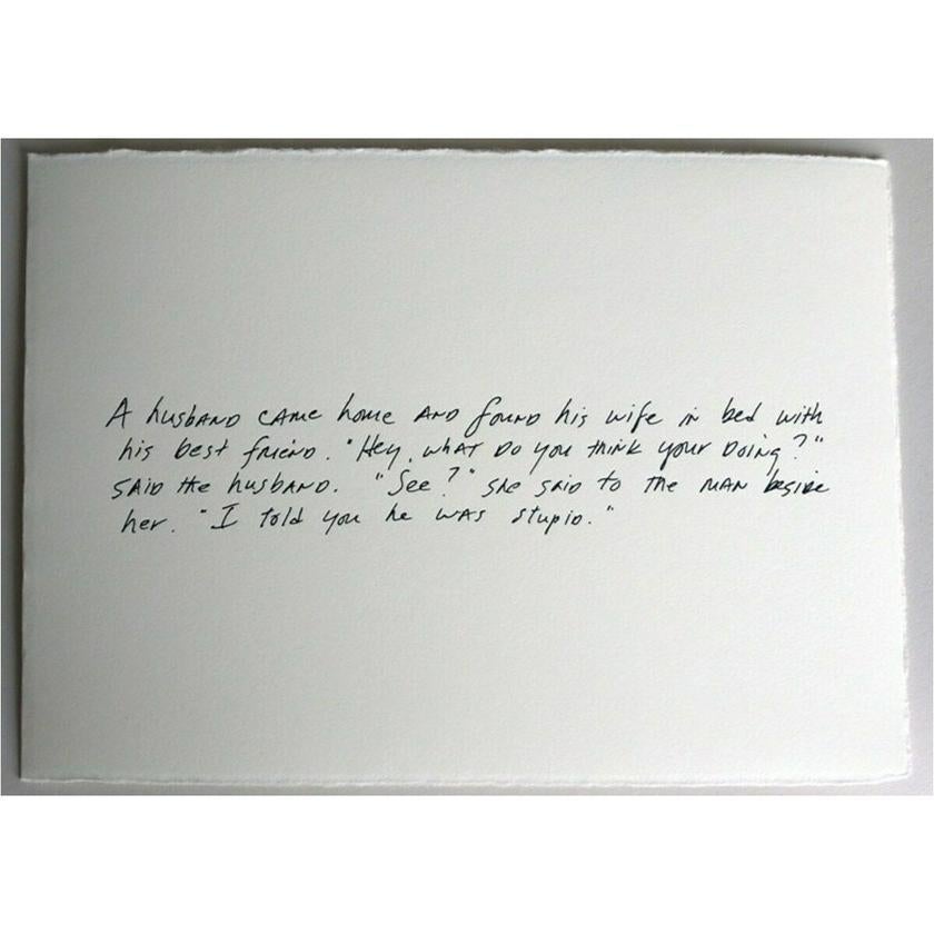 Richard Prince, Gli scherzi dei biglietti d'auguri #2: Il migliore amico, 2011

Stampa con timbro in lamina, su carta pesante, piegata.
Come nuovo, mai incorniciato o esposto. Firmato a mano e numerato dall'artista, sul verso. Collezione privata