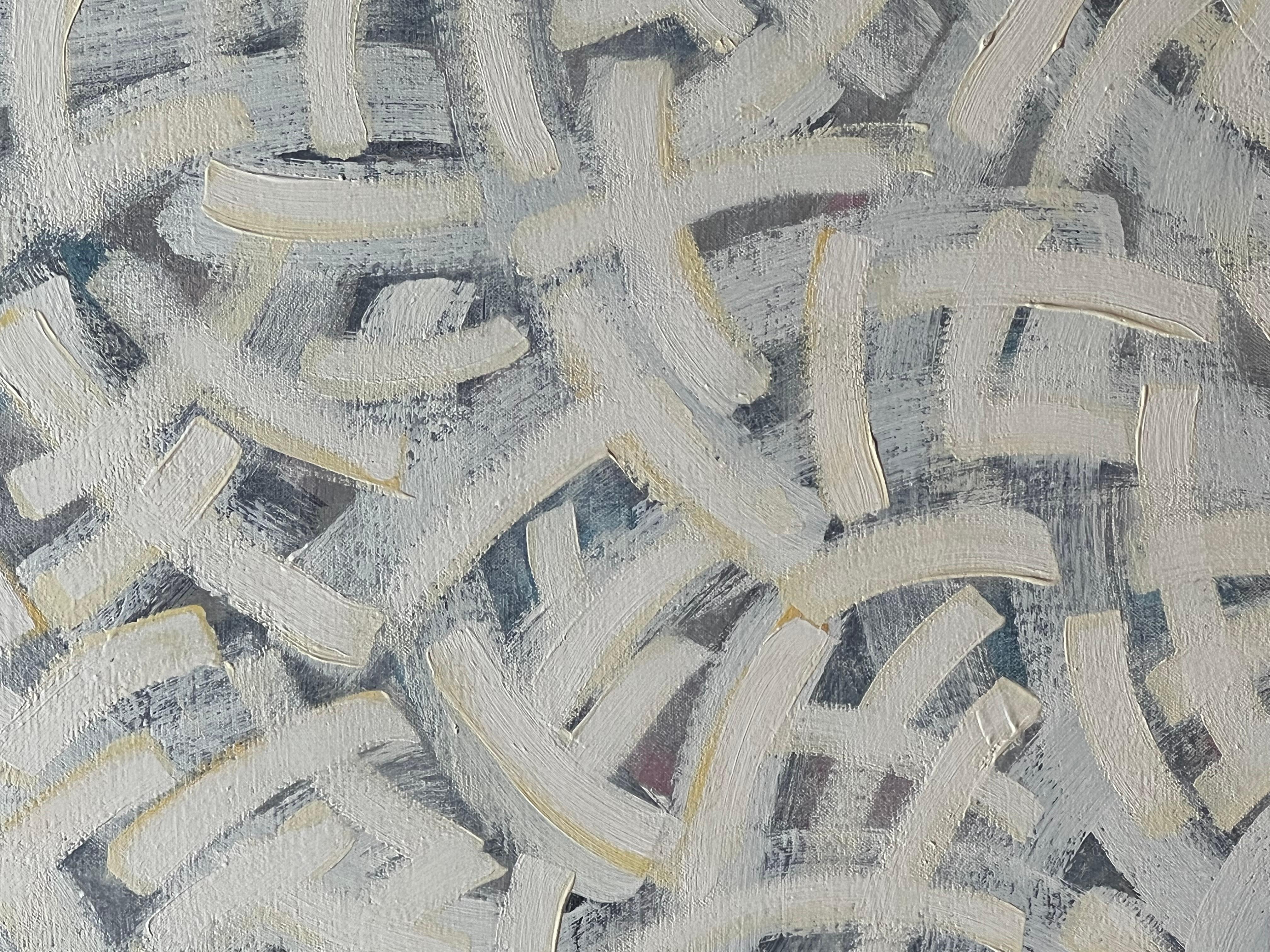 This abstract acrylic painting on canvas intertwines layers of white curved lines on a grey-blue background. The overall impression is a gently flowing serenity thanks to an astute pattern repetition.

 Richard M. Proctor was born in Detroit,