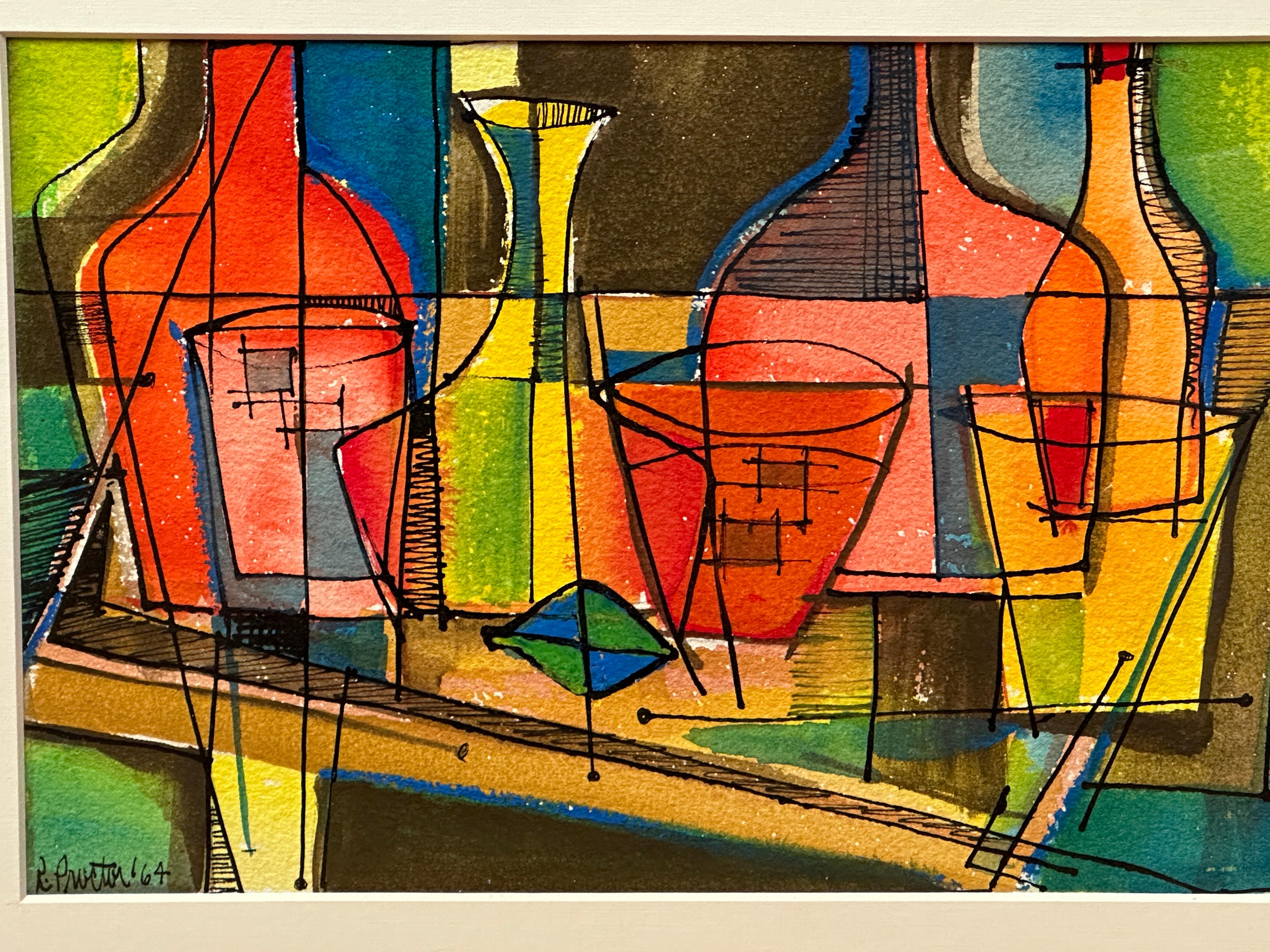 Acuarela cubista de colores y naturaleza muerta de Richard Proctor 1