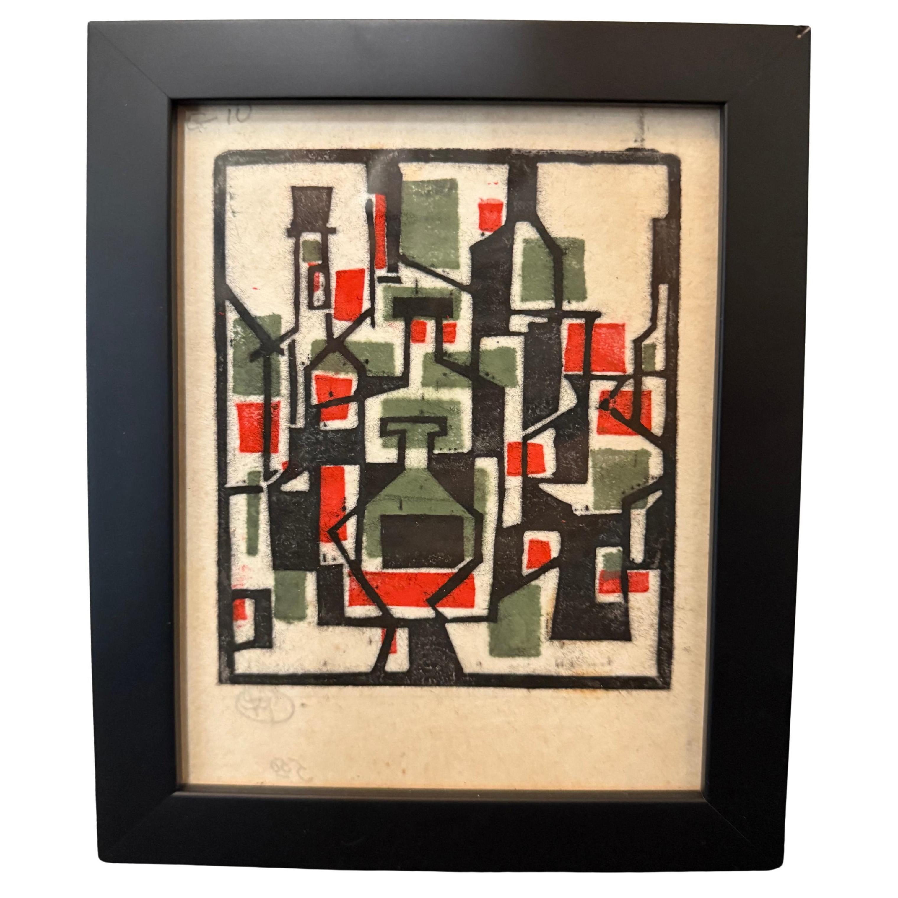 This striking abstract composition by Richard M. Proctor reveals his mastery of form, pattern, and balance. Rendered in a bold palette of black, olive green, and vermilion, the work interlocks rectilinear shapes within a tightly structured grid,