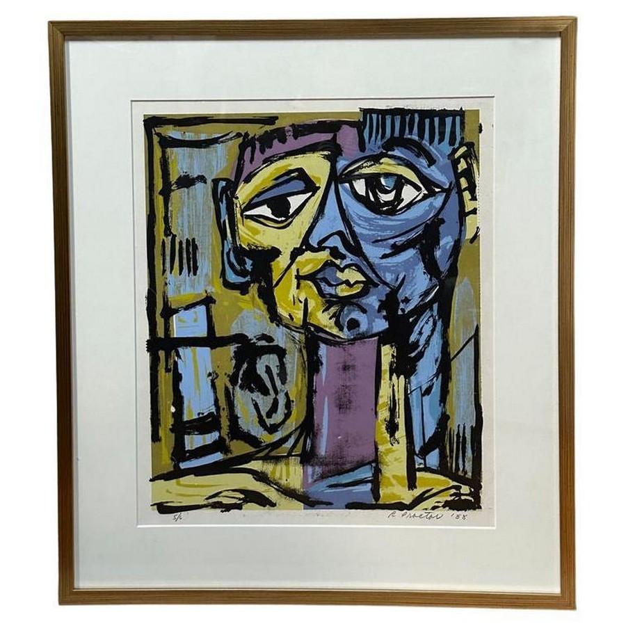 This lithograph by Richard Proctor, executed in 1958, signed and numbered 5/6, presents an exciting convergence of artistic elements that invite the viewer to participate in a visual discourse beyond typical portrayal. In Cubism, the composition