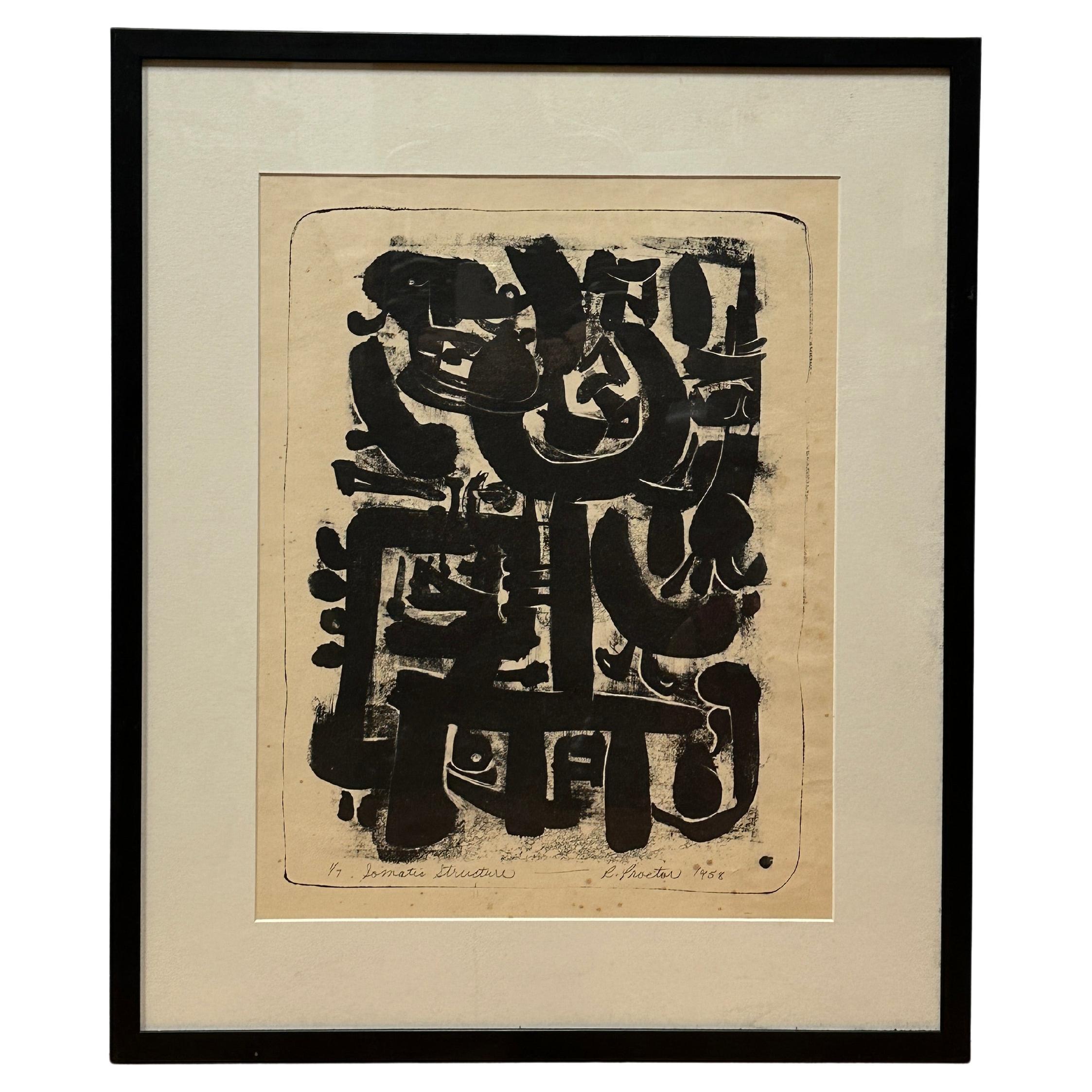 “ Somatic Structure” is a Black and White Abstract Lithography by the artist Richard Proctor. It showcases his early work, which is very different from his later work. He created this lithograph dated 1958 when he was 22 years old. Richard received
