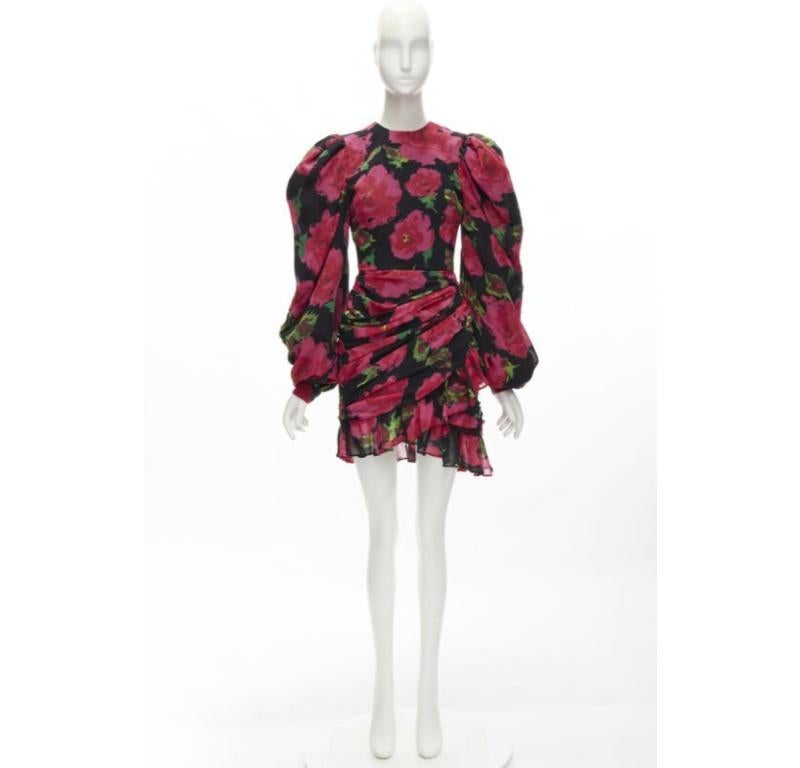 RICHARD QUINN 2020 black red rose print wrap skirt puff sleeve 80's dress UK8 XS 5