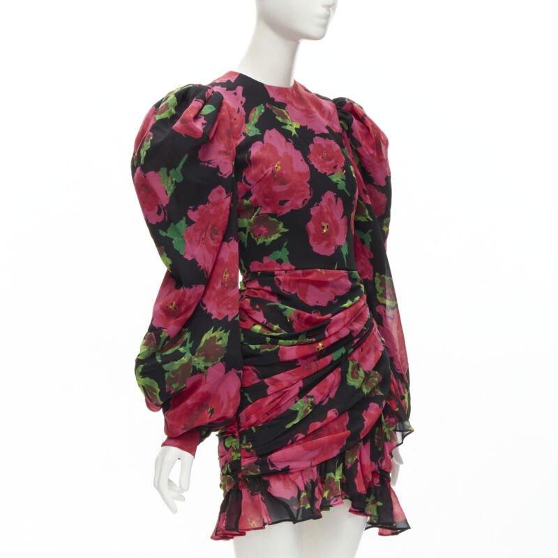 Black RICHARD QUINN 2020 black red rose print wrap skirt puff sleeve 80's dress UK8 XS