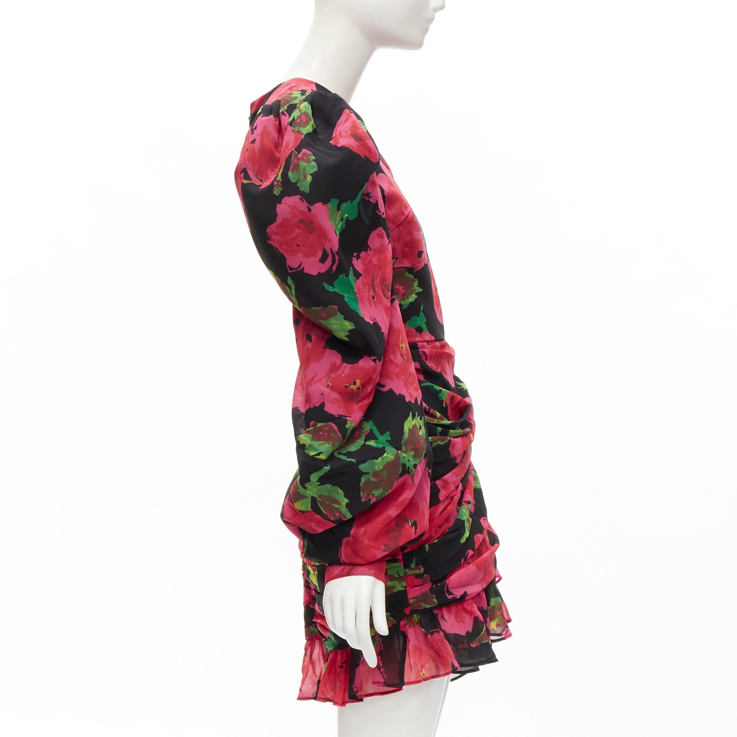 Women's RICHARD QUINN 2020 black red rose print wrap skirt puff sleeve 80's dress UK8 XS For Sale