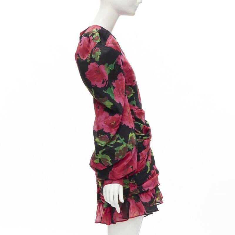 RICHARD QUINN 2020 black red rose print wrap skirt puff sleeve 80's dress UK8 XS In Excellent Condition In Hong Kong, NT