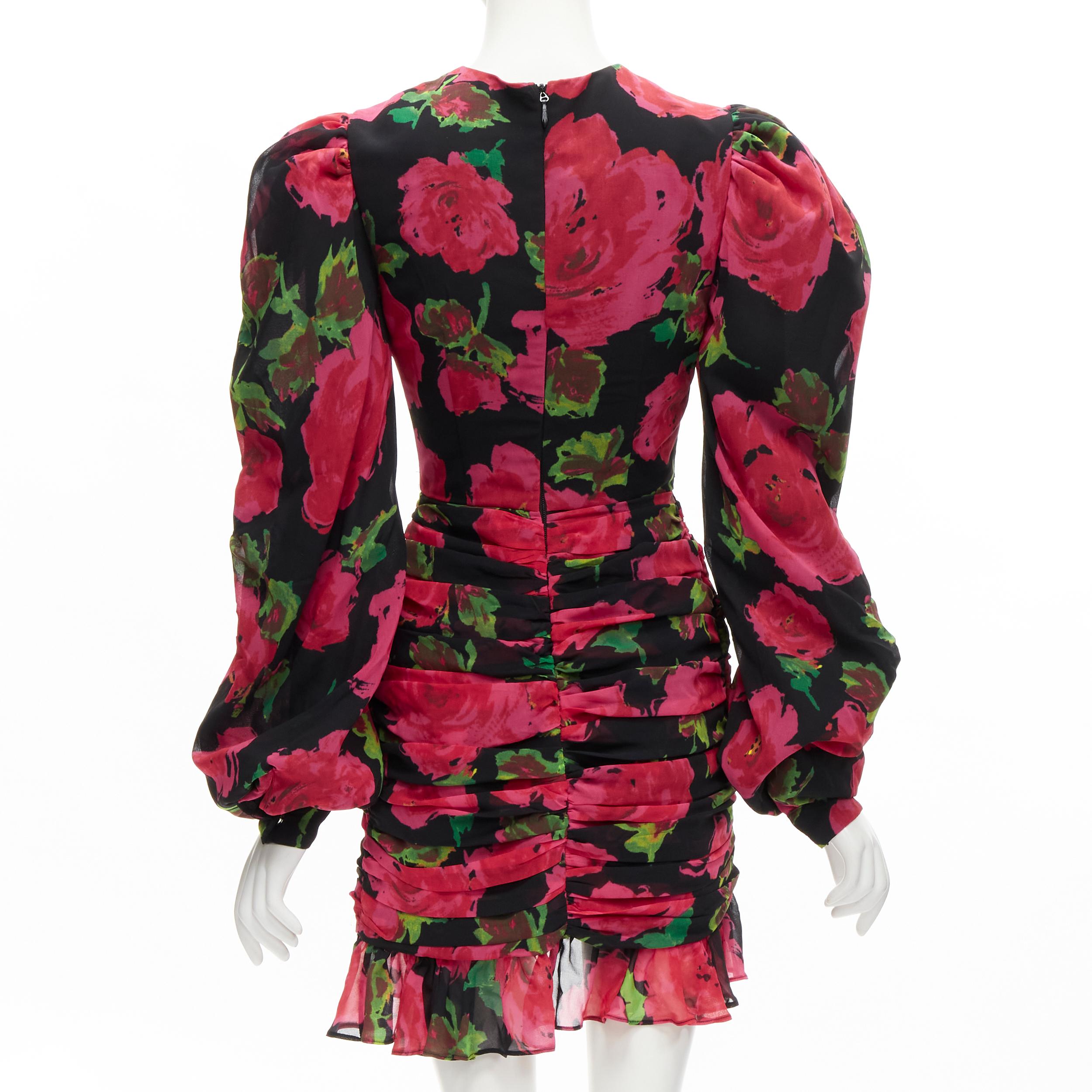 RICHARD QUINN 2020 black red rose print wrap skirt puff sleeve 80's dress UK8 XS For Sale 1