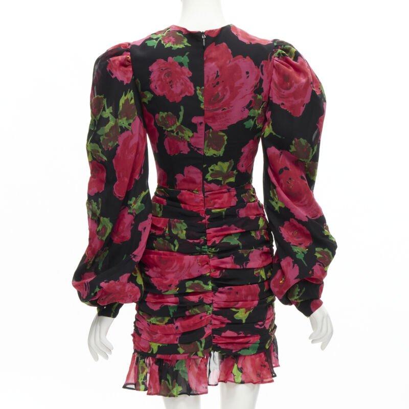 Women's RICHARD QUINN 2020 black red rose print wrap skirt puff sleeve 80's dress UK8 XS