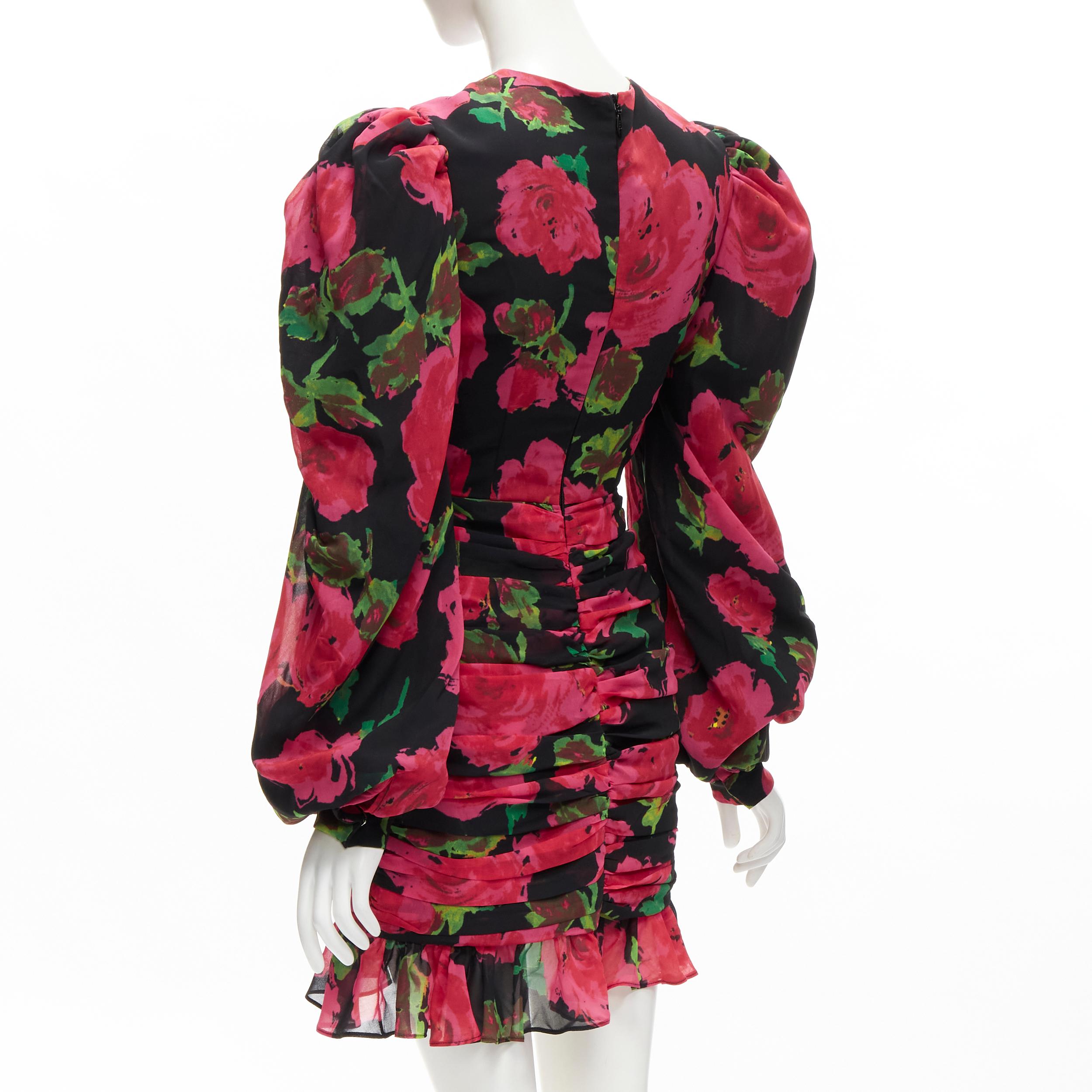 RICHARD QUINN 2020 black red rose print wrap skirt puff sleeve 80's dress UK8 XS For Sale 2