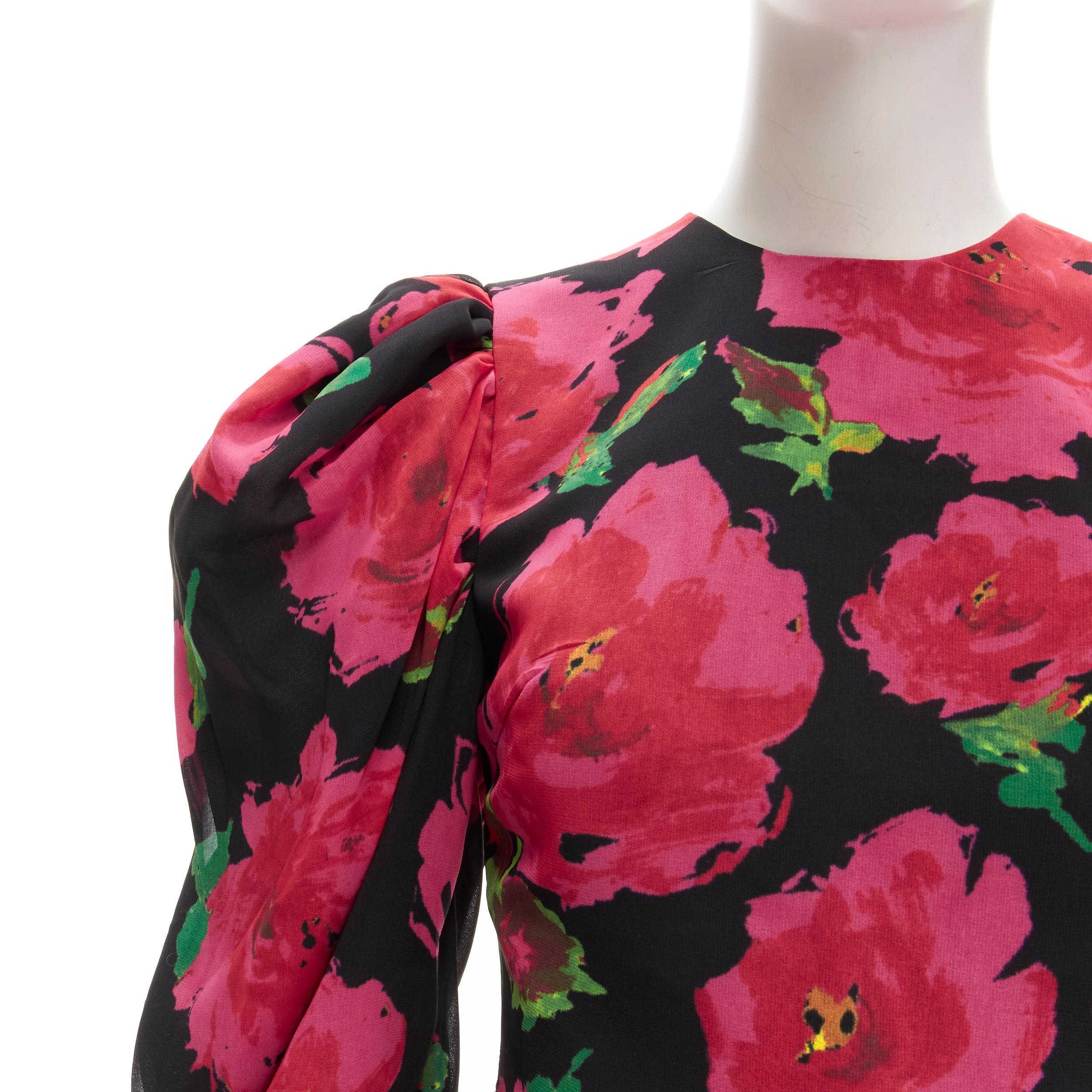 RICHARD QUINN 2020 black red rose print wrap skirt puff sleeve 80's dress UK8 XS For Sale 3