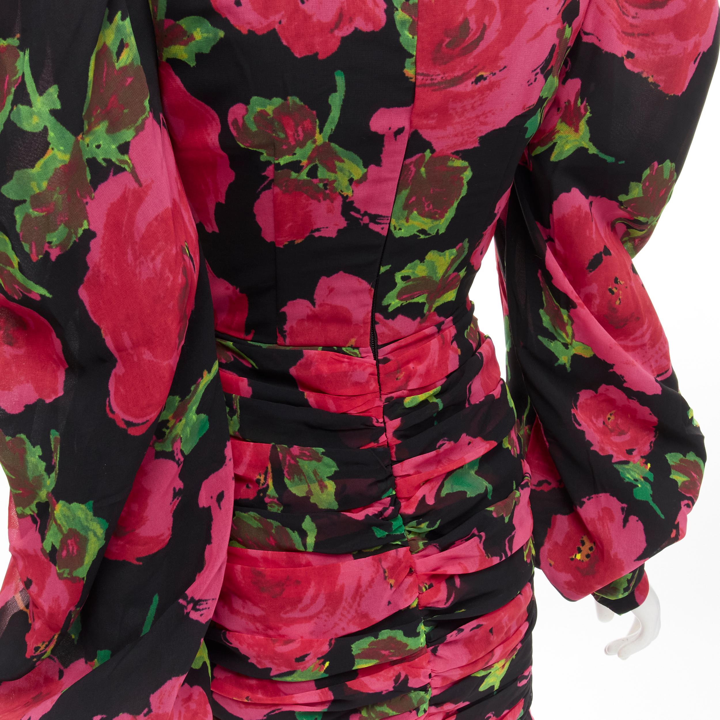 RICHARD QUINN 2020 black red rose print wrap skirt puff sleeve 80's dress UK8 XS For Sale 4