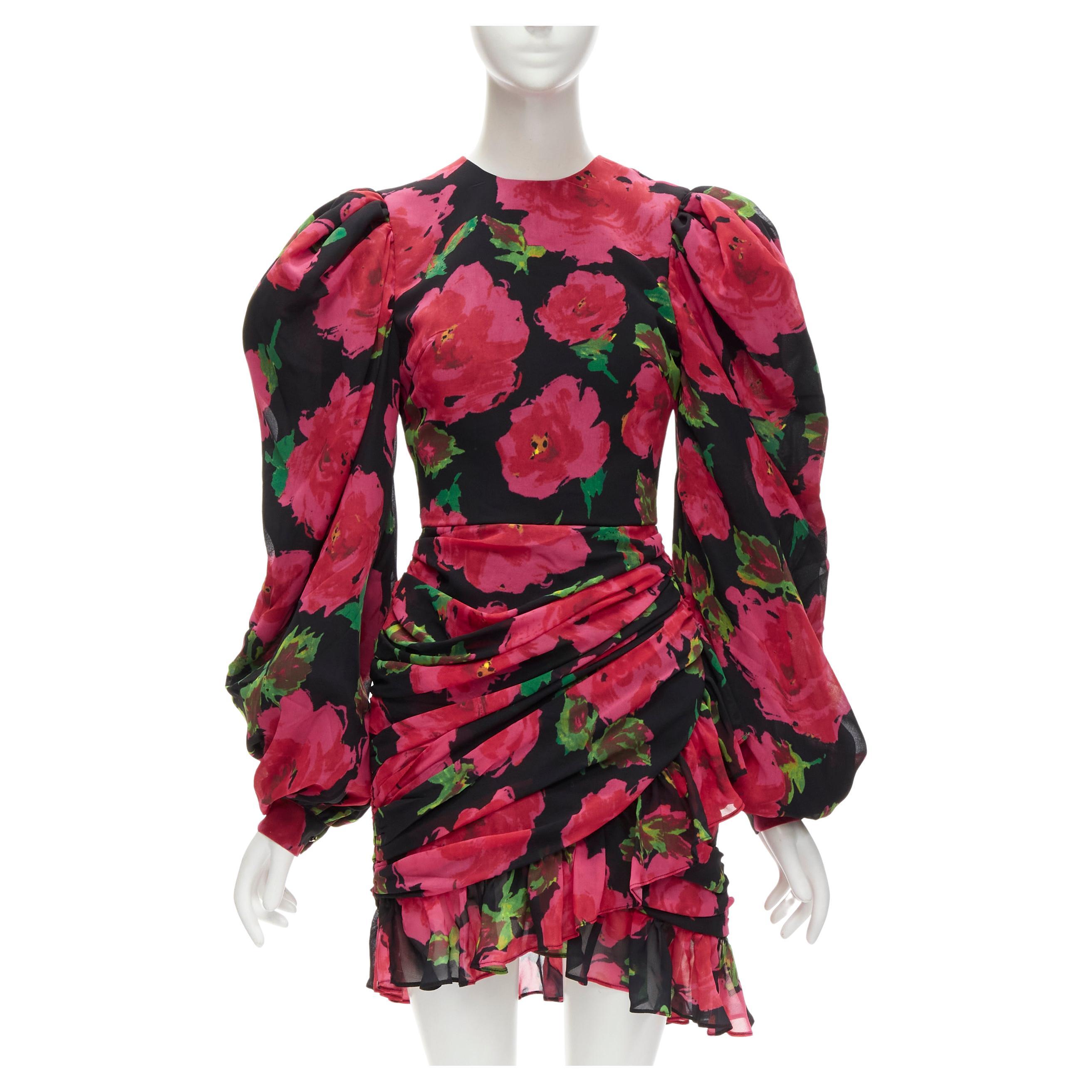 RICHARD QUINN 2020 black red rose print wrap skirt puff sleeve 80's dress UK8 XS For Sale
