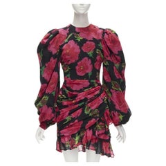 RICHARD QUINN 2020 negro rojo rosa estampado falda envolvente manga abullonada vestido años 80 UK8 XS