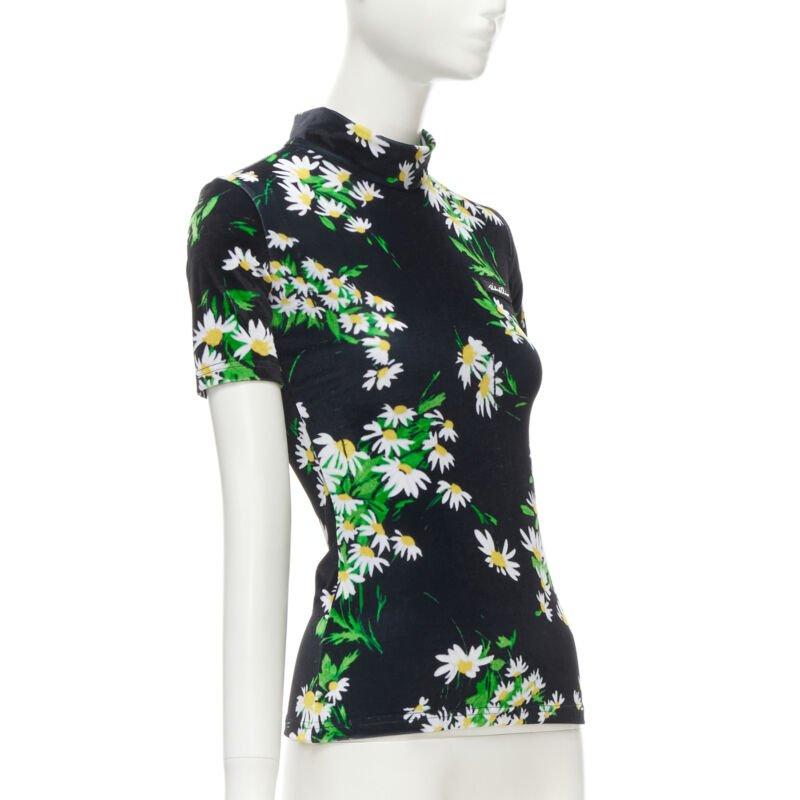Black RICHARD QUINN black white green daisy floral print velvet short sleeve top S For Sale