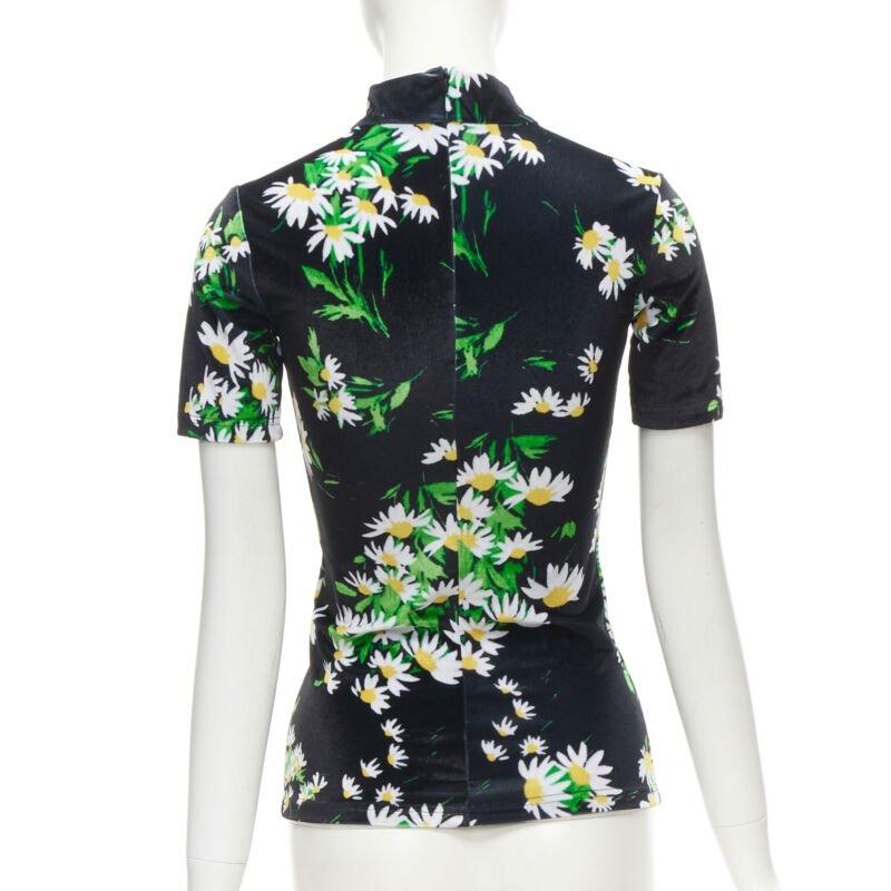 Women's RICHARD QUINN black white green daisy floral print velvet short sleeve top S For Sale