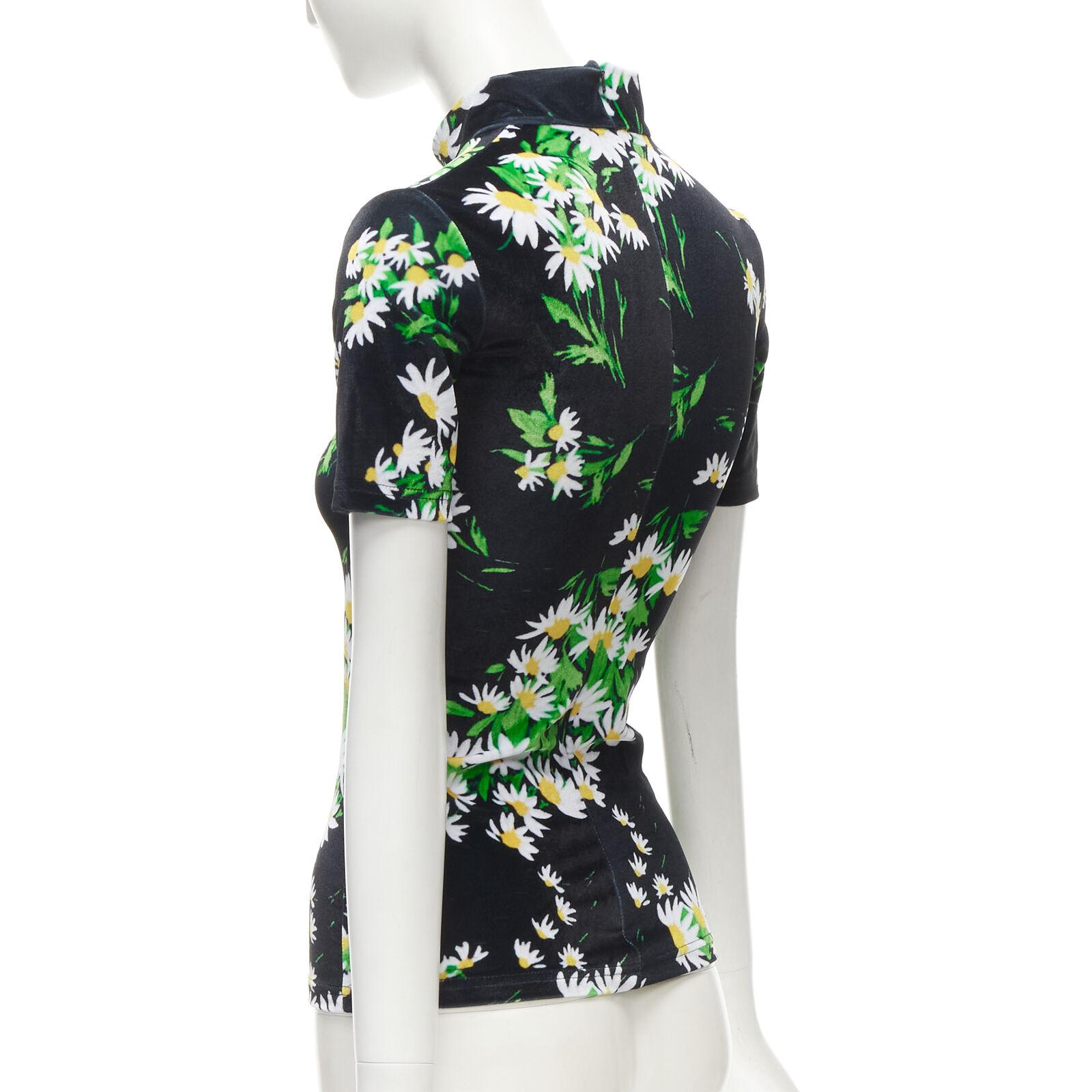 Women's RICHARD QUINN black white green daisy floral print velvet short sleeve top S For Sale