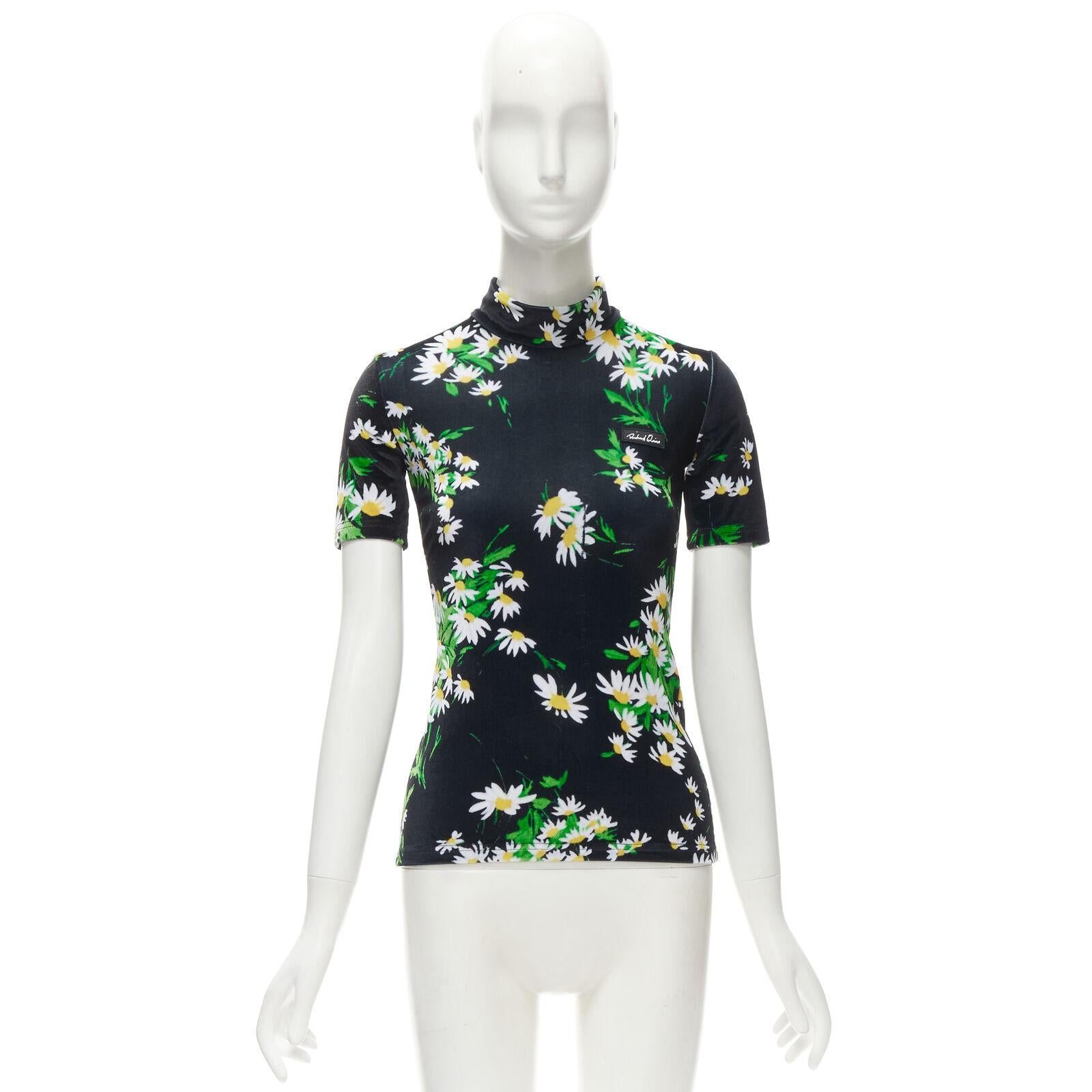 RICHARD QUINN black white green daisy floral print velvet short sleeve top S For Sale 3
