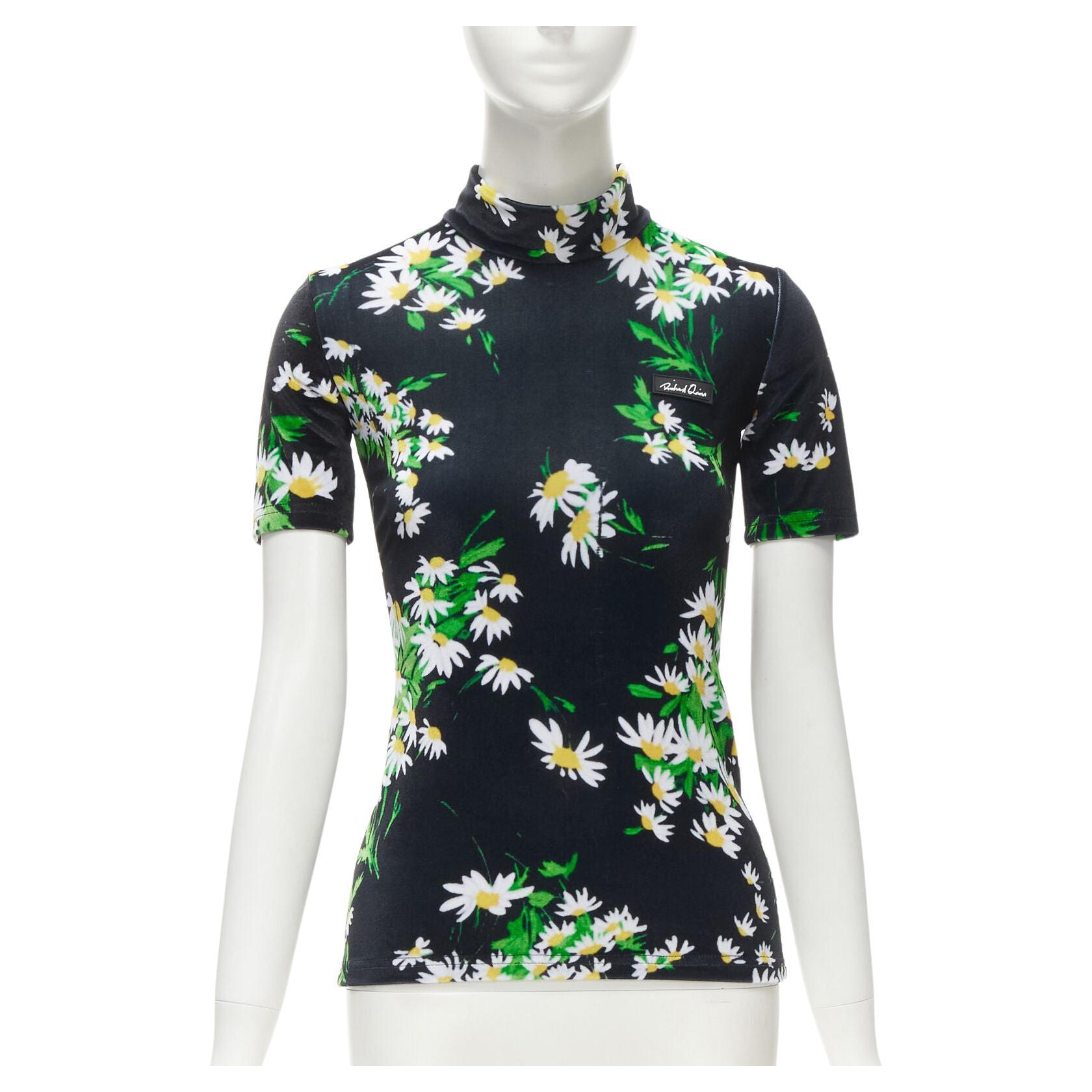 RICHARD QUINN black white green daisy floral print velvet short sleeve top S For Sale