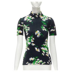 RICHARD QUINN Schwarz Weiß Grün Gänseblümchen Blumendruck Samt Kurzarm Top S