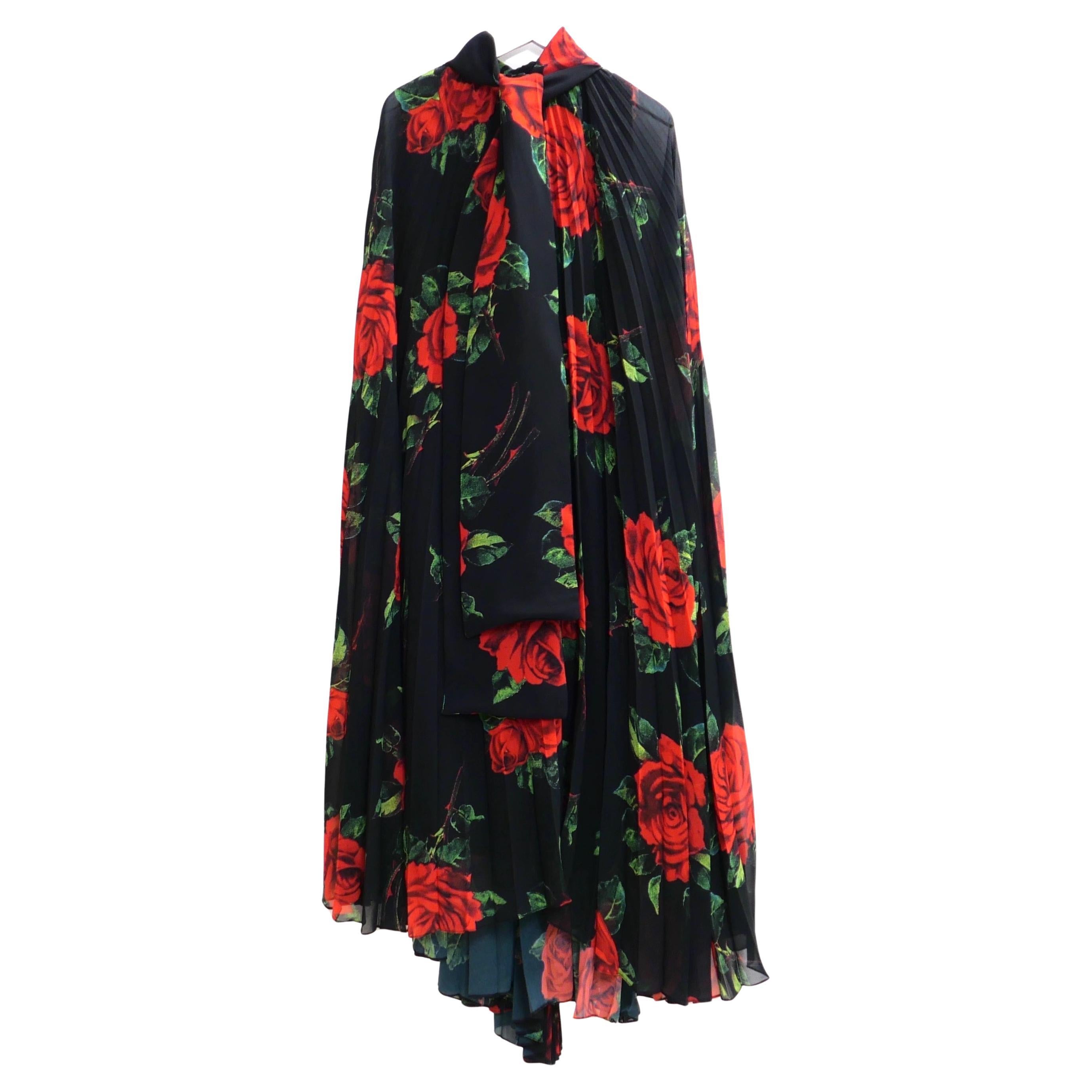 Richard Quinn Grace Asymmetric Rose Print Cape Dress For Sale