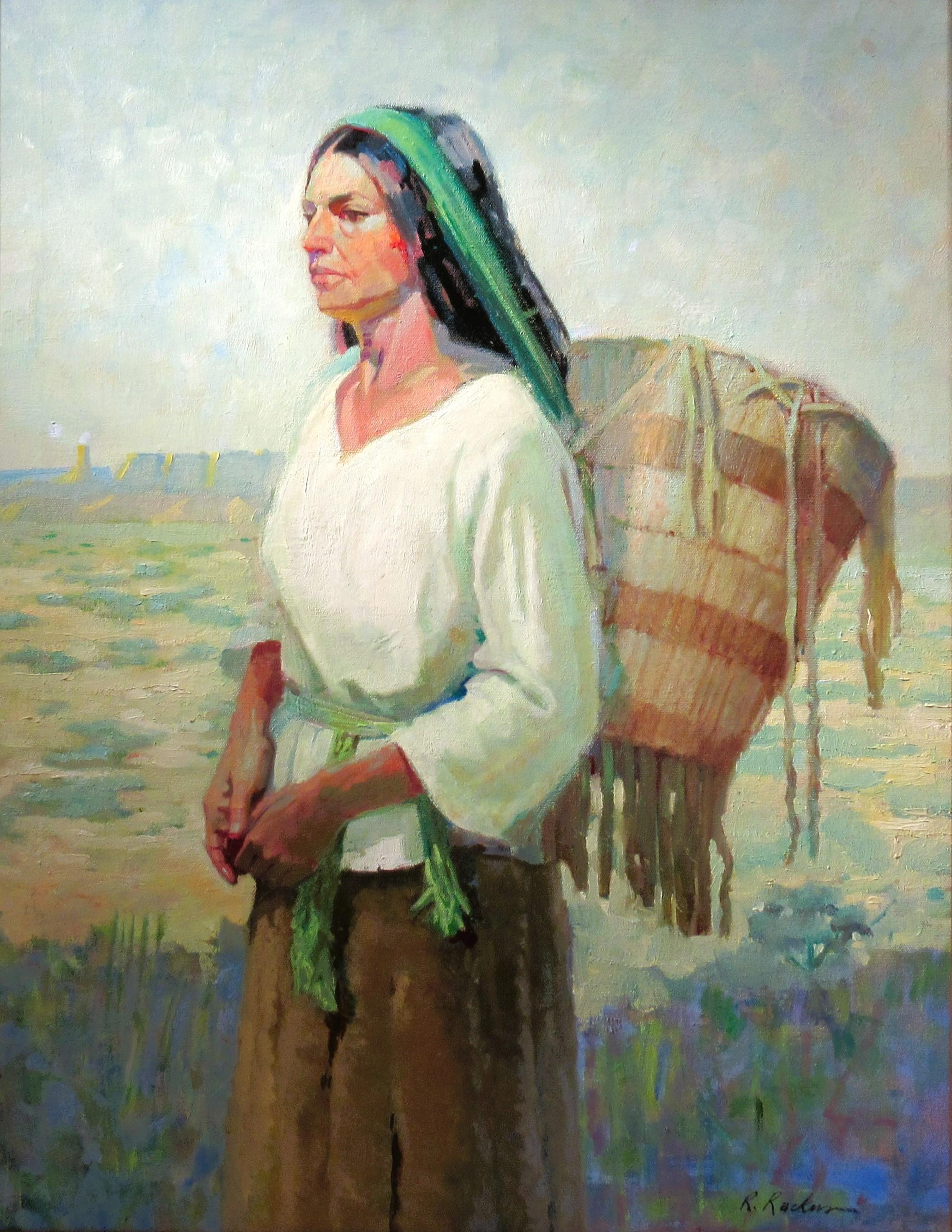 Native American Woman with Basket - Painting by Richard Rackus