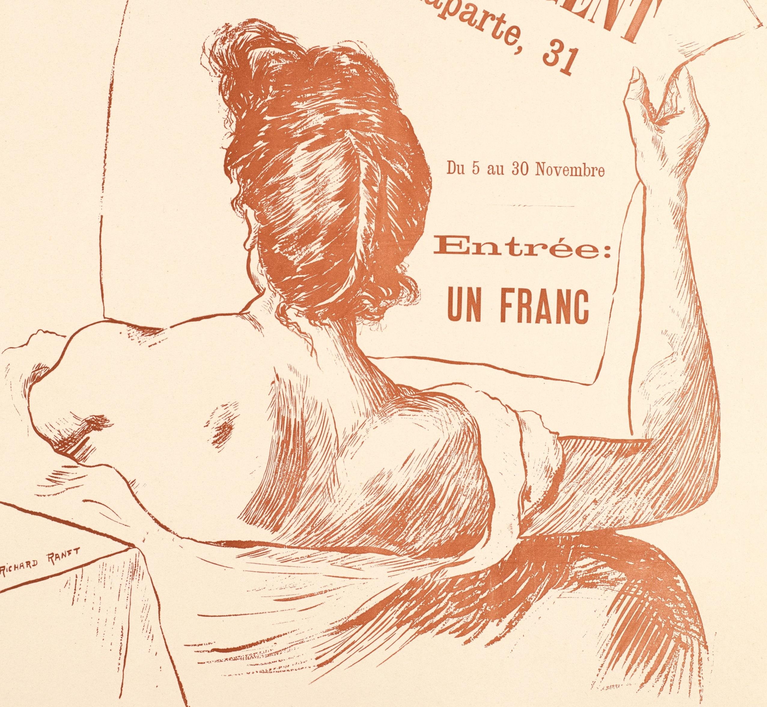 Original Vintage Poster-Richard Ranft-Salon des Cent-The Feather, 1894

Poster for the 6th edition of the Salon des Cent in November 1894.

A woman lying on a sofa is reading La Plume newspaper. The interior decorated with wallpaper with a white