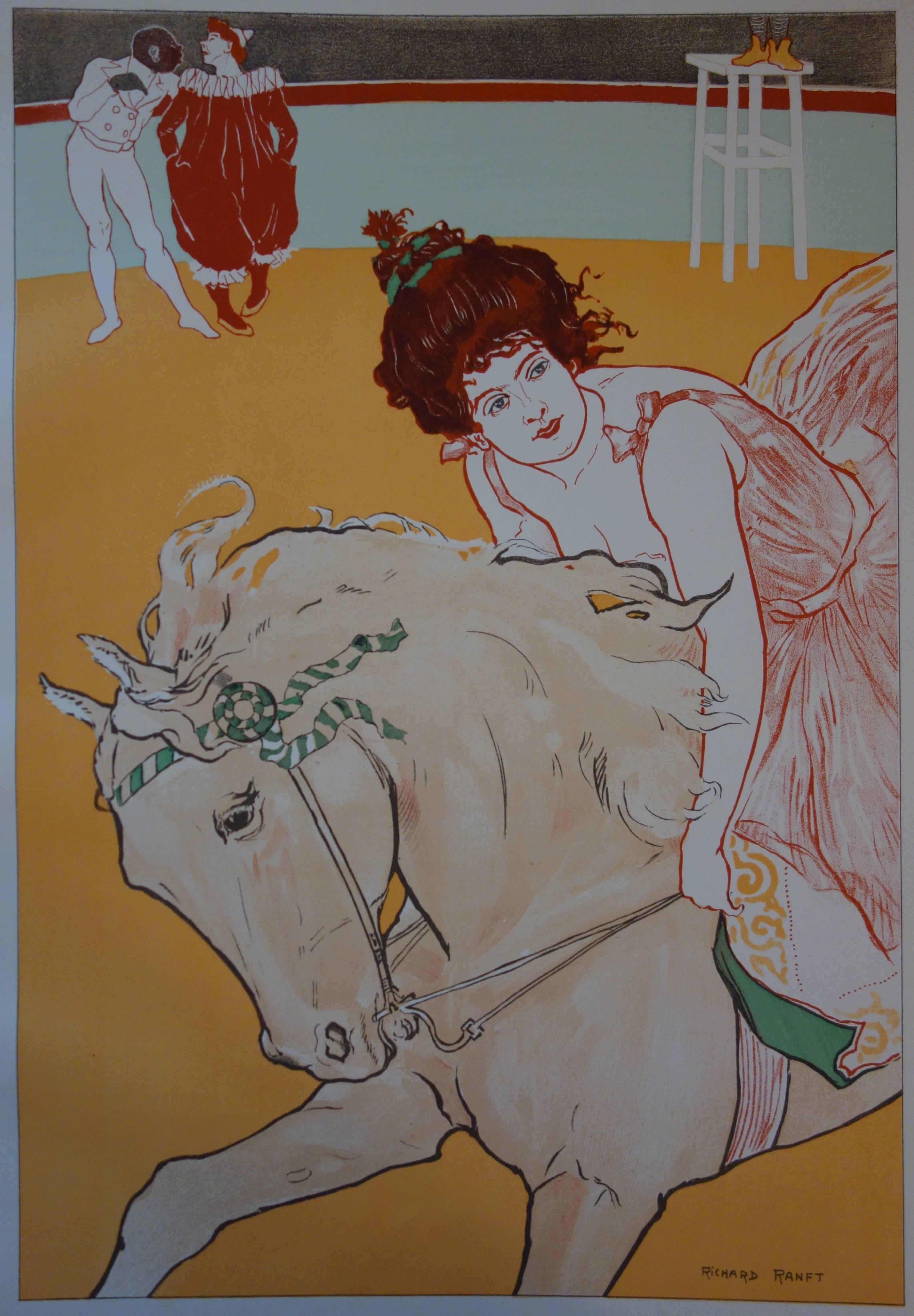 Art Nouveau : Circo: Cavalliera - Litografia originale 1898 - Figurative Print Grigio di Richard Ranft
