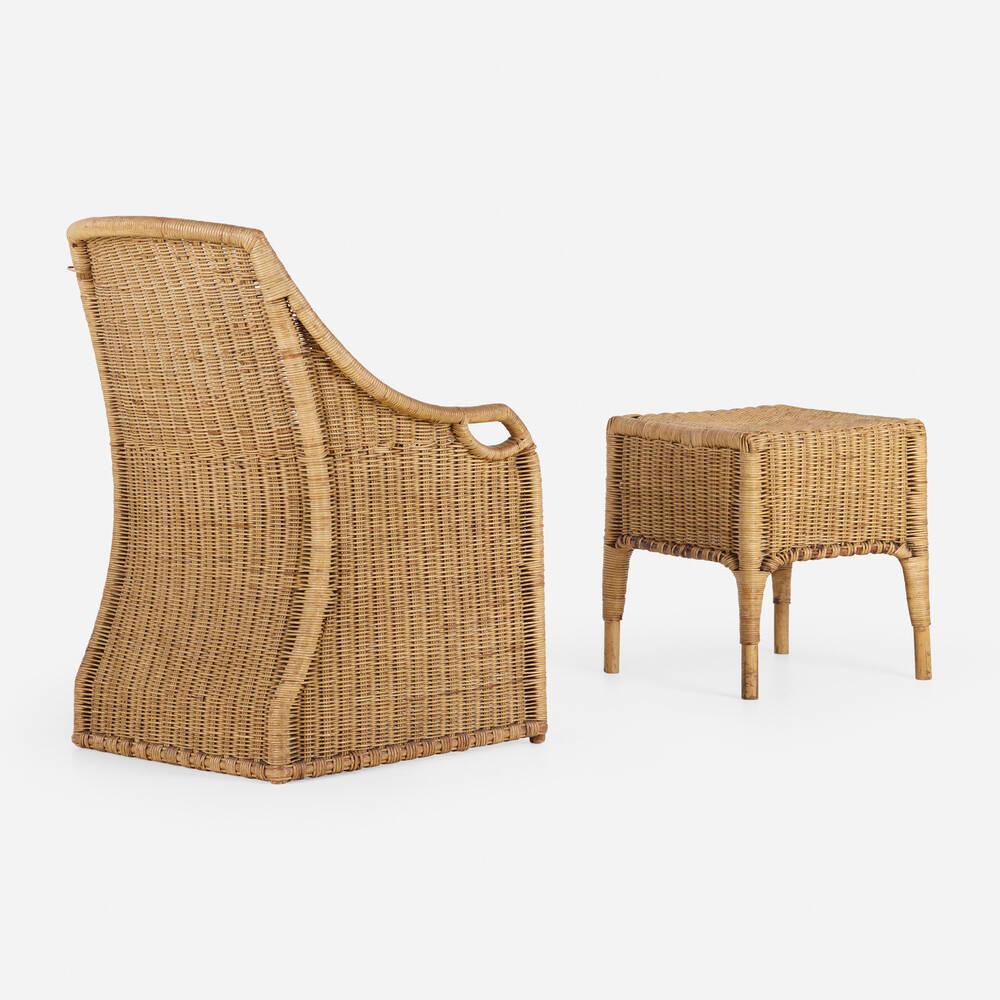 German Richard Riemerschmid Wicker Armchair and Stool For Sale